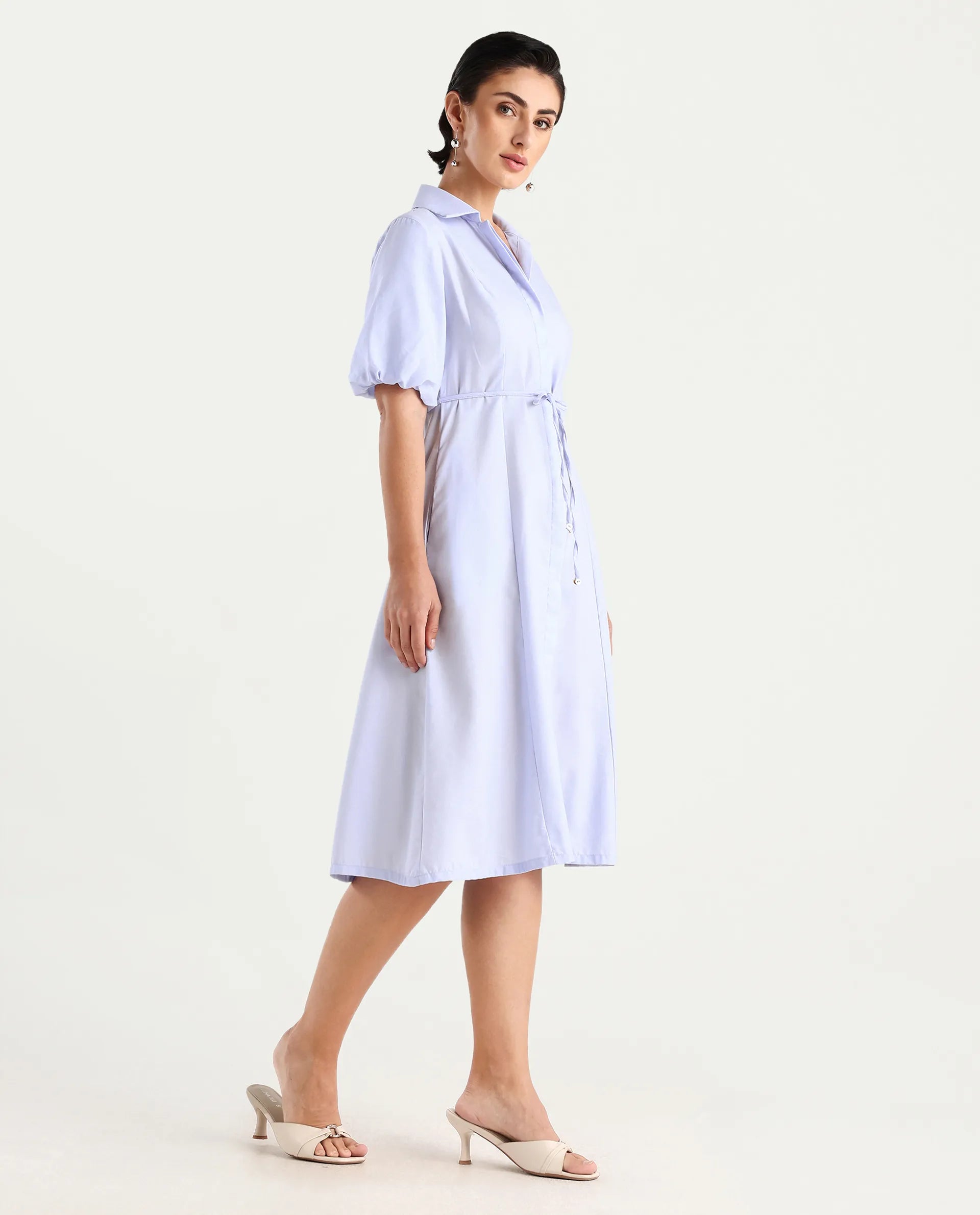 Rareism Women's Ronwer Blue Cotton Blend Spread Collar Plain Balloon Sleeve Midi Fit And Flare Dress