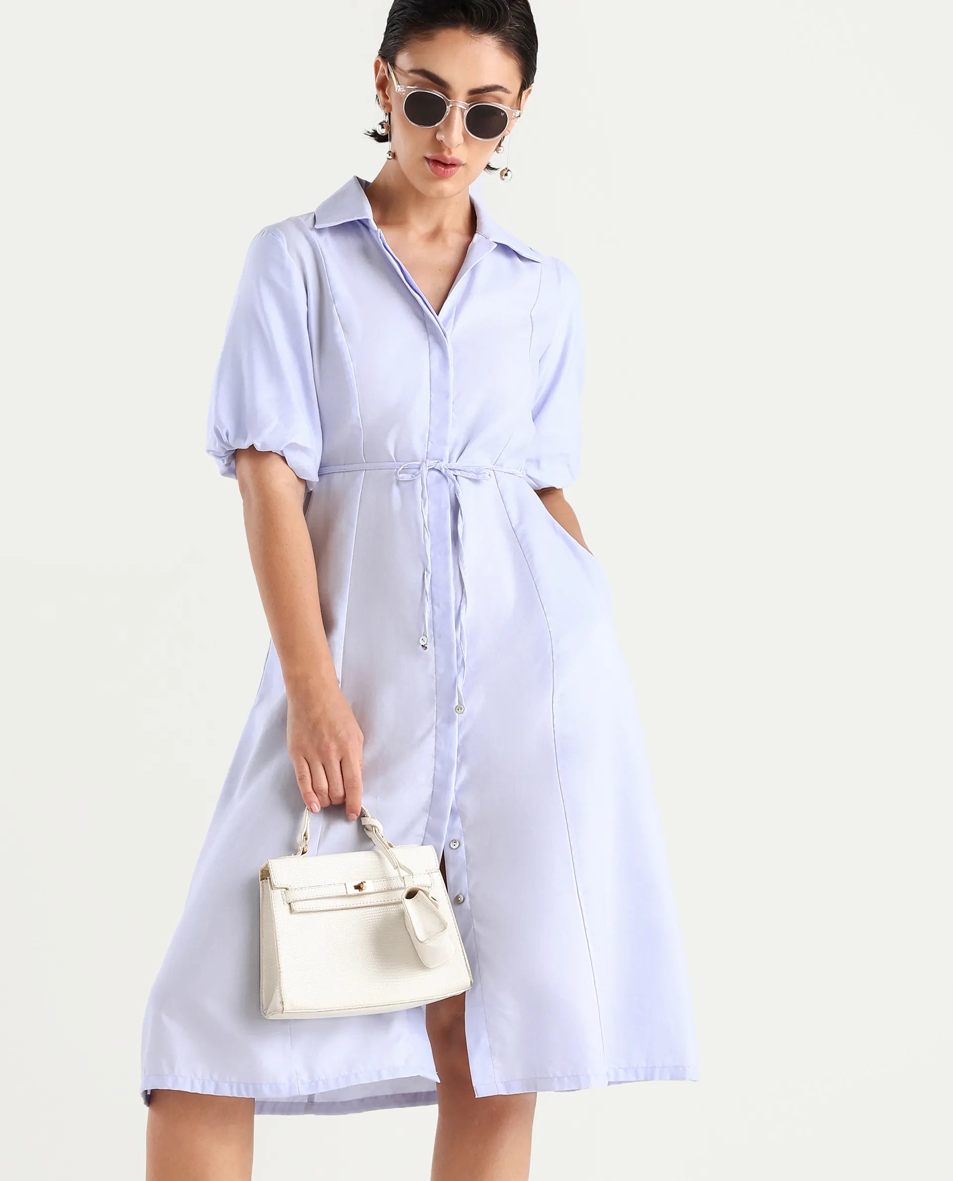 Rareism Women's Ronwer Blue Cotton Blend Spread Collar Plain Balloon Sleeve Midi Fit And Flare Dress