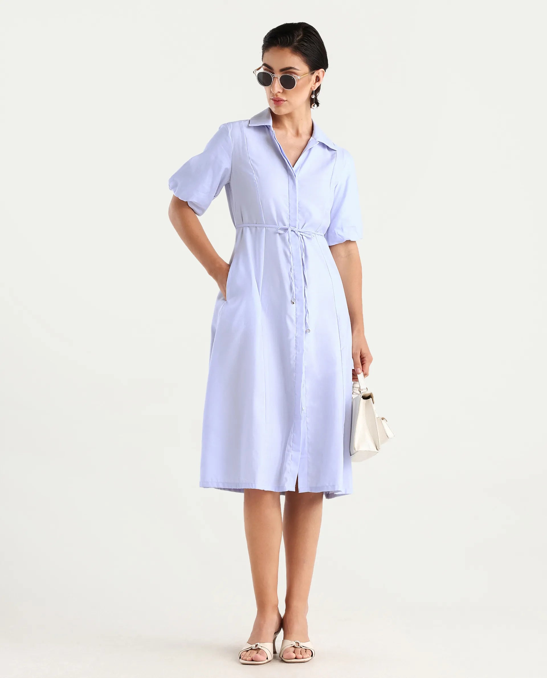 Rareism Women's Ronwer Blue Cotton Blend Spread Collar Plain Balloon Sleeve Midi Fit And Flare Dress