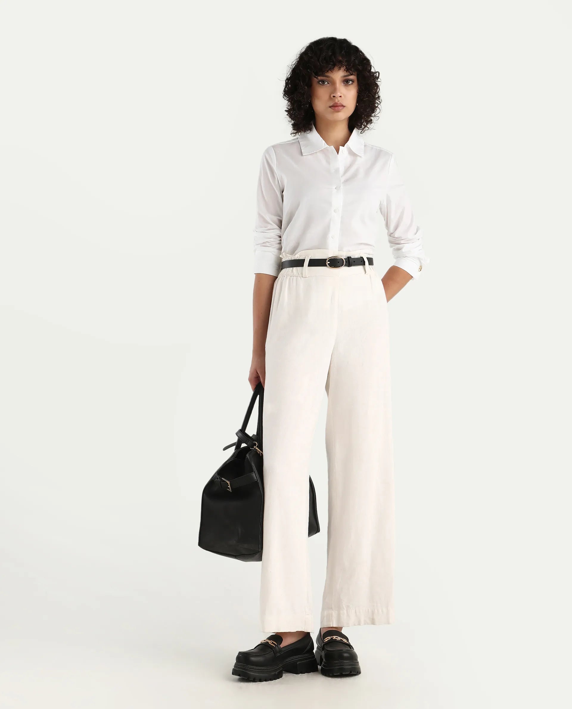 Rareism Women's Ronwio White Cotton Spread Collar Plain Cuffed Sleeve Crop Regular Fit Shirt