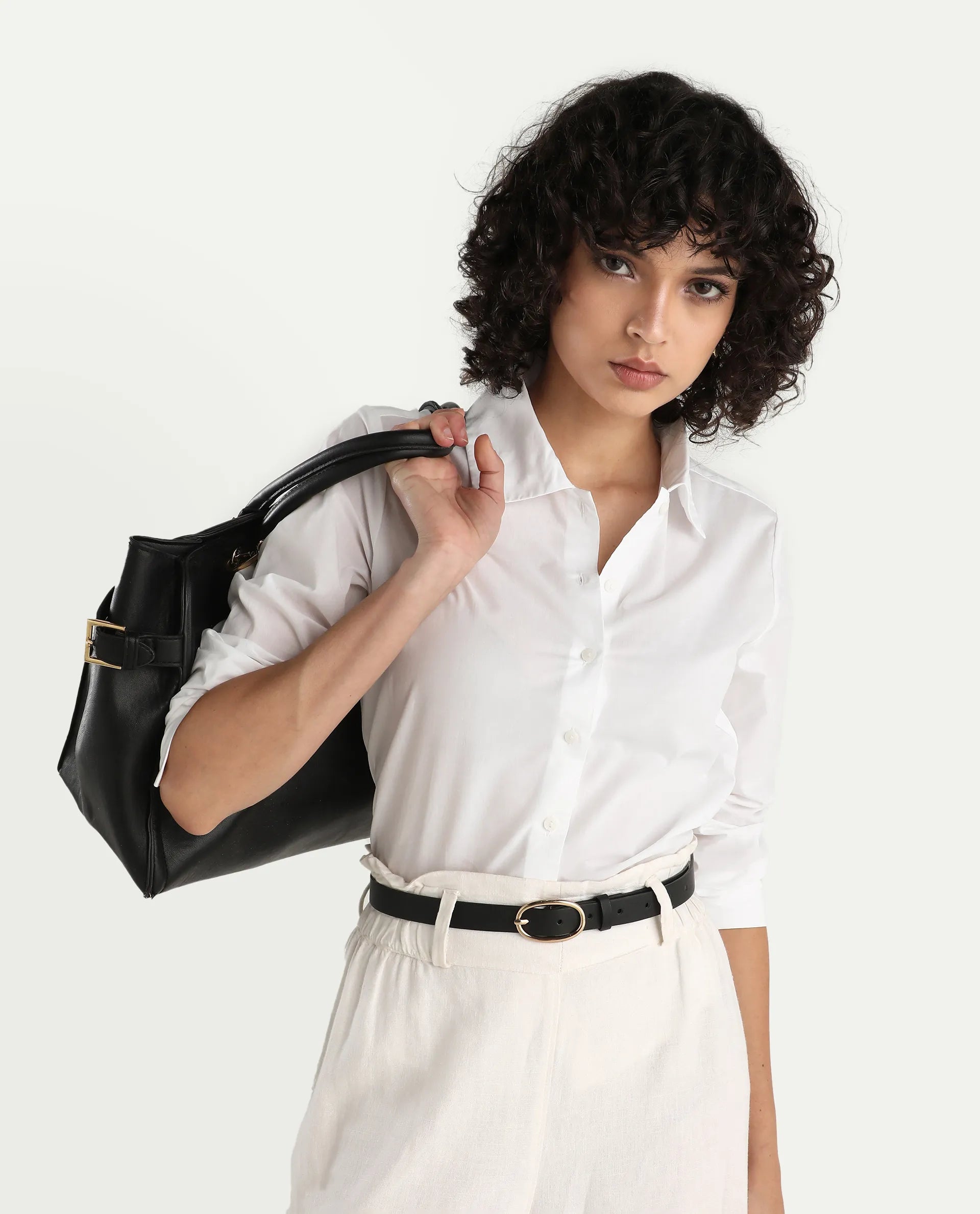 Rareism Women's Ronwio White Cotton Spread Collar Plain Cuffed Sleeve Crop Regular Fit Shirt