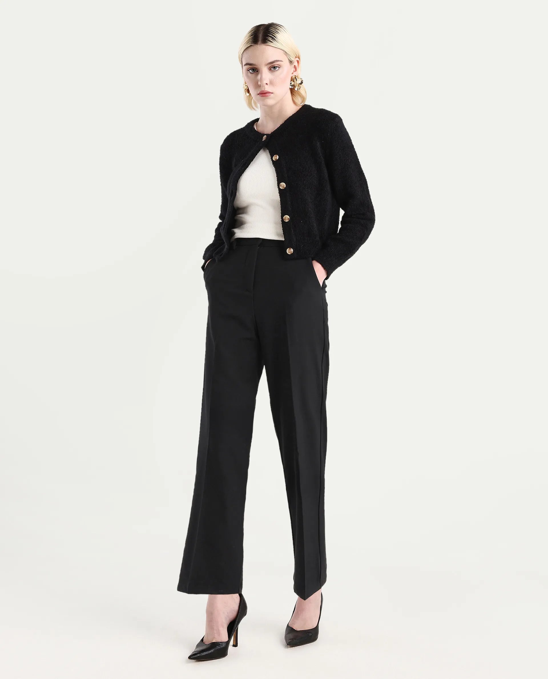 Rareism Women's Ronwip Black Polyester Blend Plain Ankle Length Straight Fit Trouser