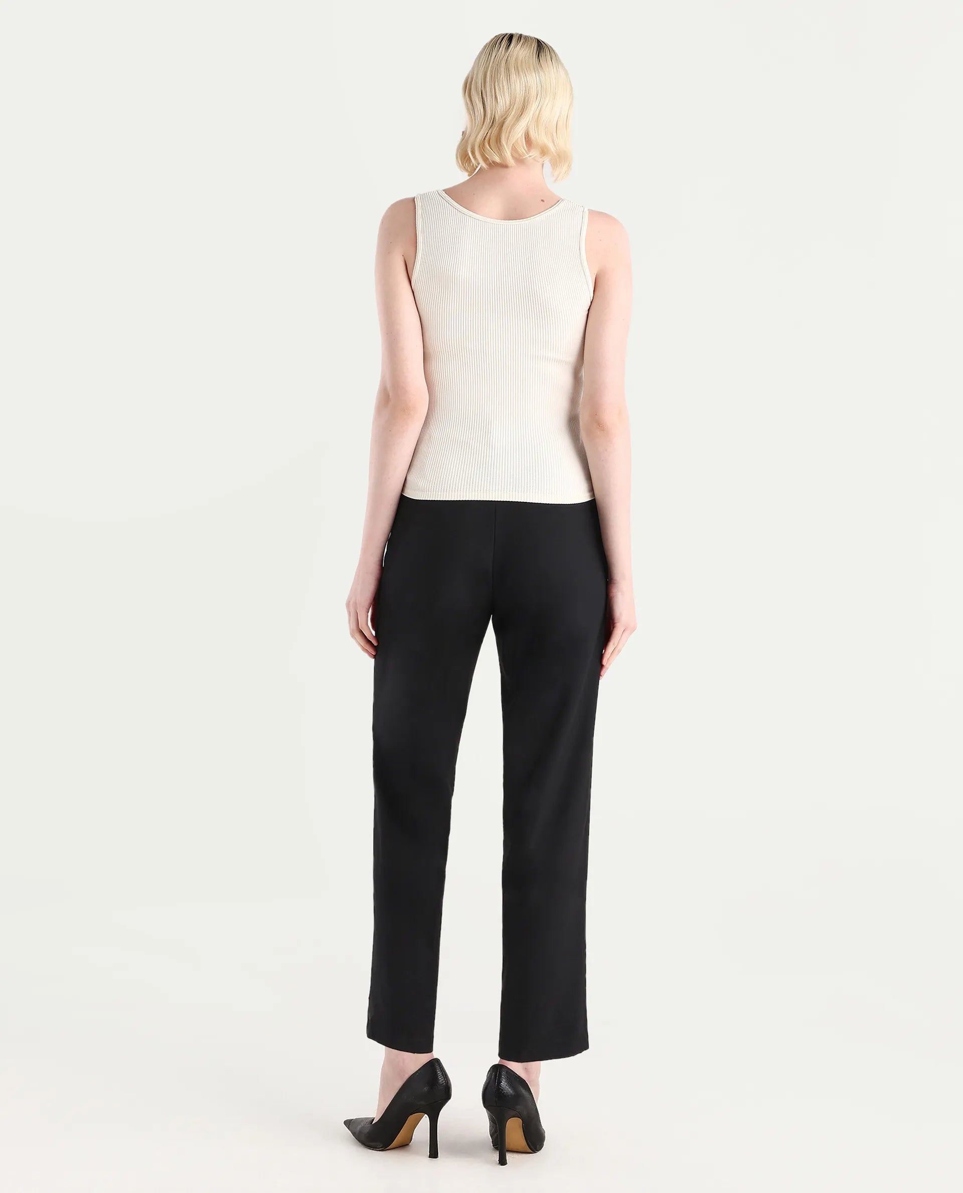 Rareism Women's Ronwip Black Polyester Blend Plain Ankle Length Straight Fit Trouser