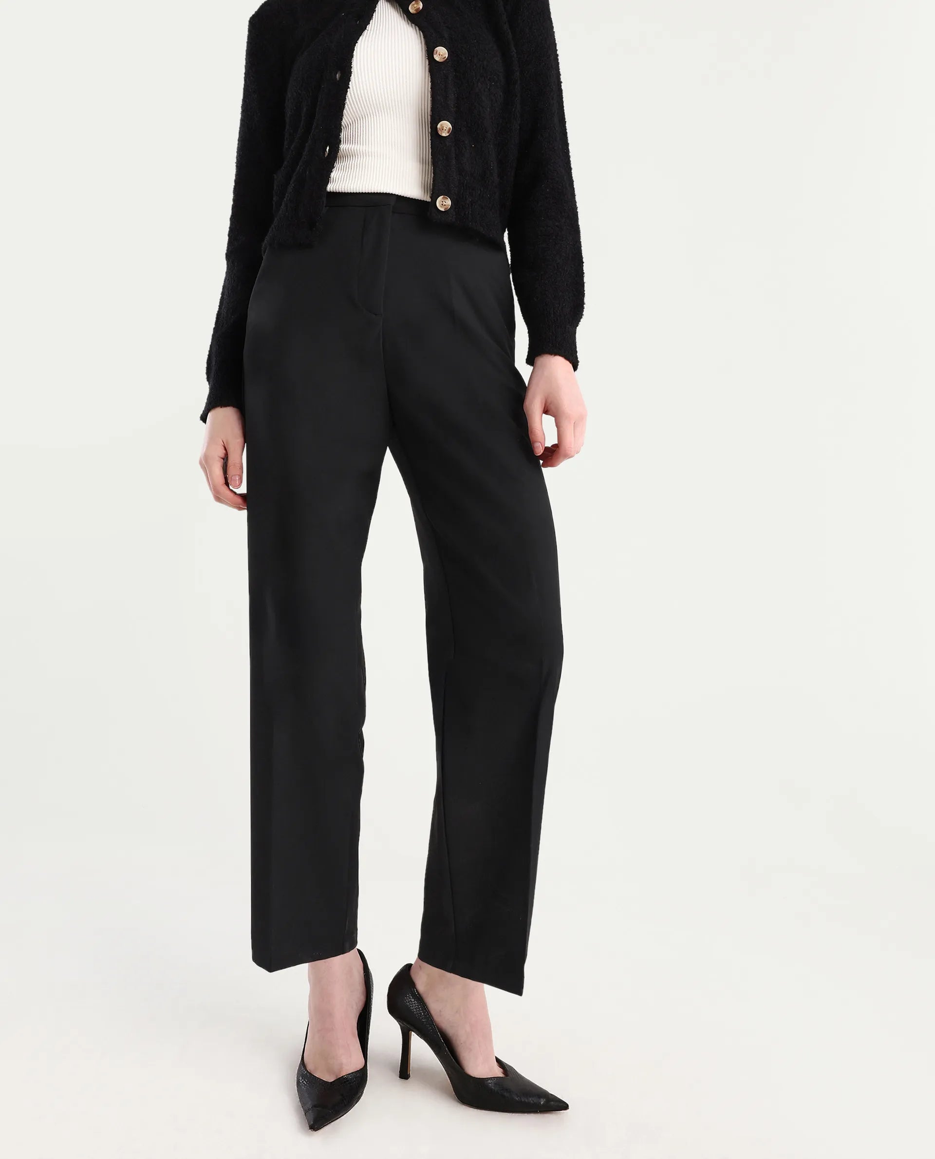 Rareism Women's Ronwip Black Polyester Blend Plain Ankle Length Straight Fit Trouser