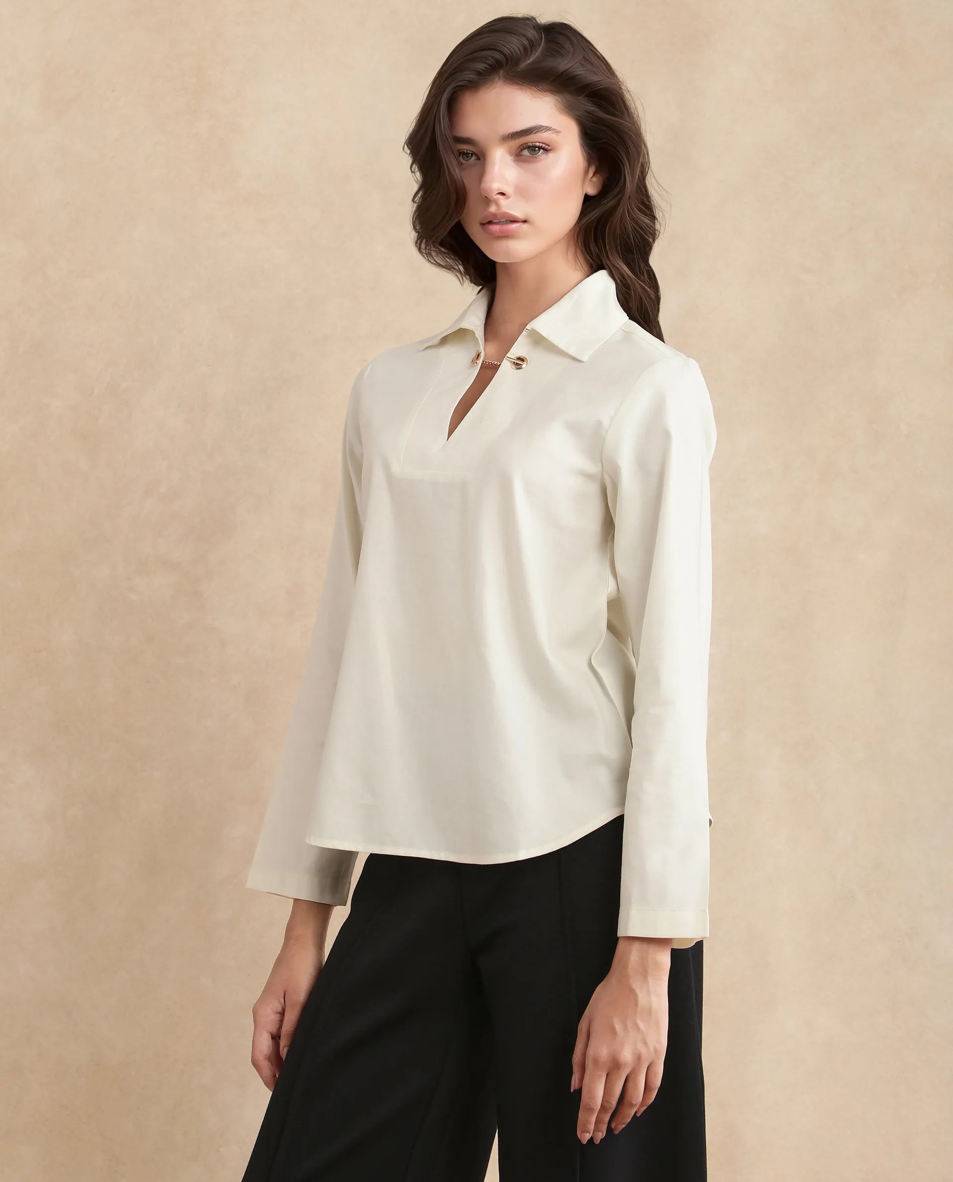 Rareism Women Ronwok Off White Modal Fabric Regular Sleeve Collared Neck Regular Fit Plain Top
