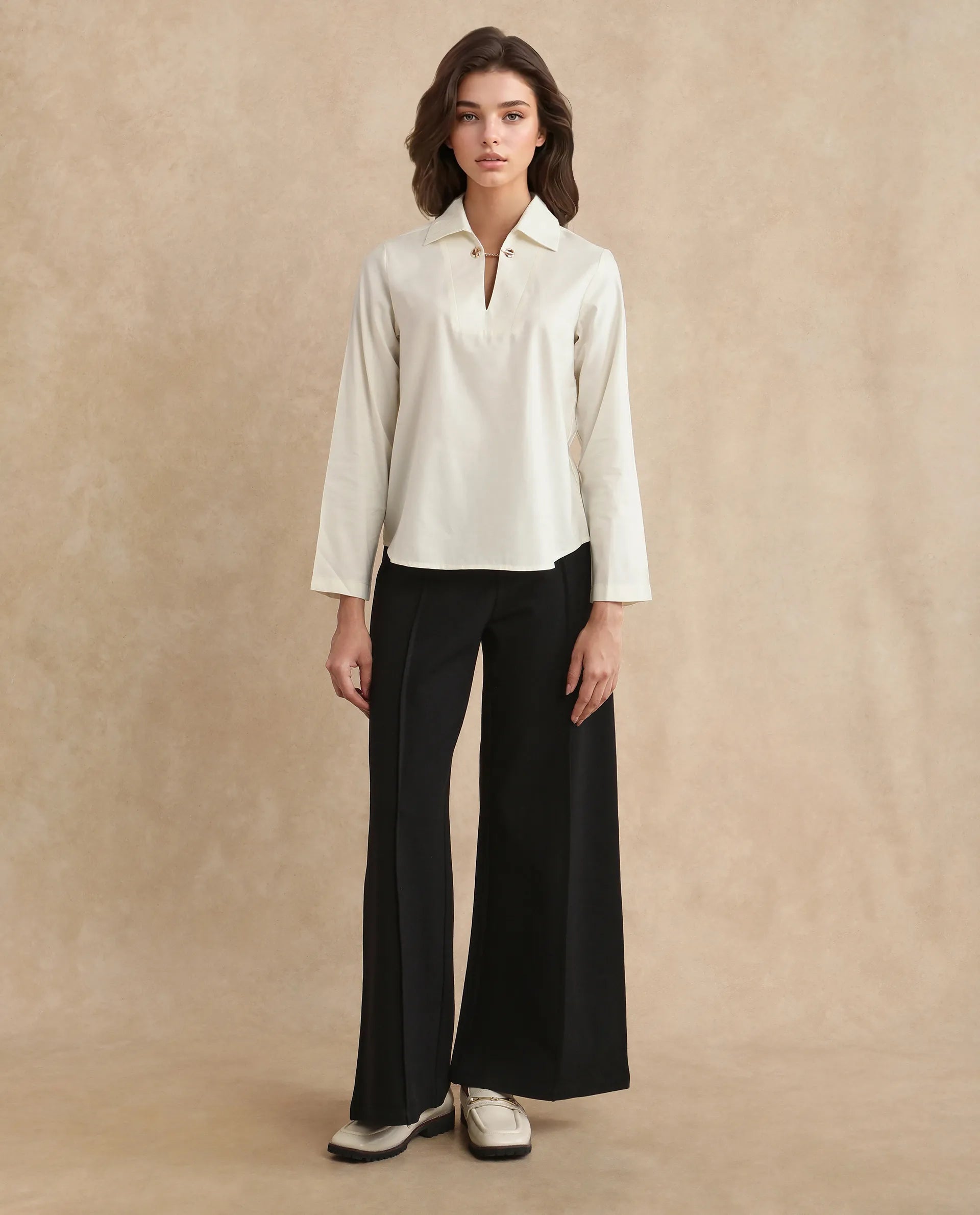 Rareism Women Ronwok Off White Modal Fabric Regular Sleeve Collared Neck Regular Fit Plain Top