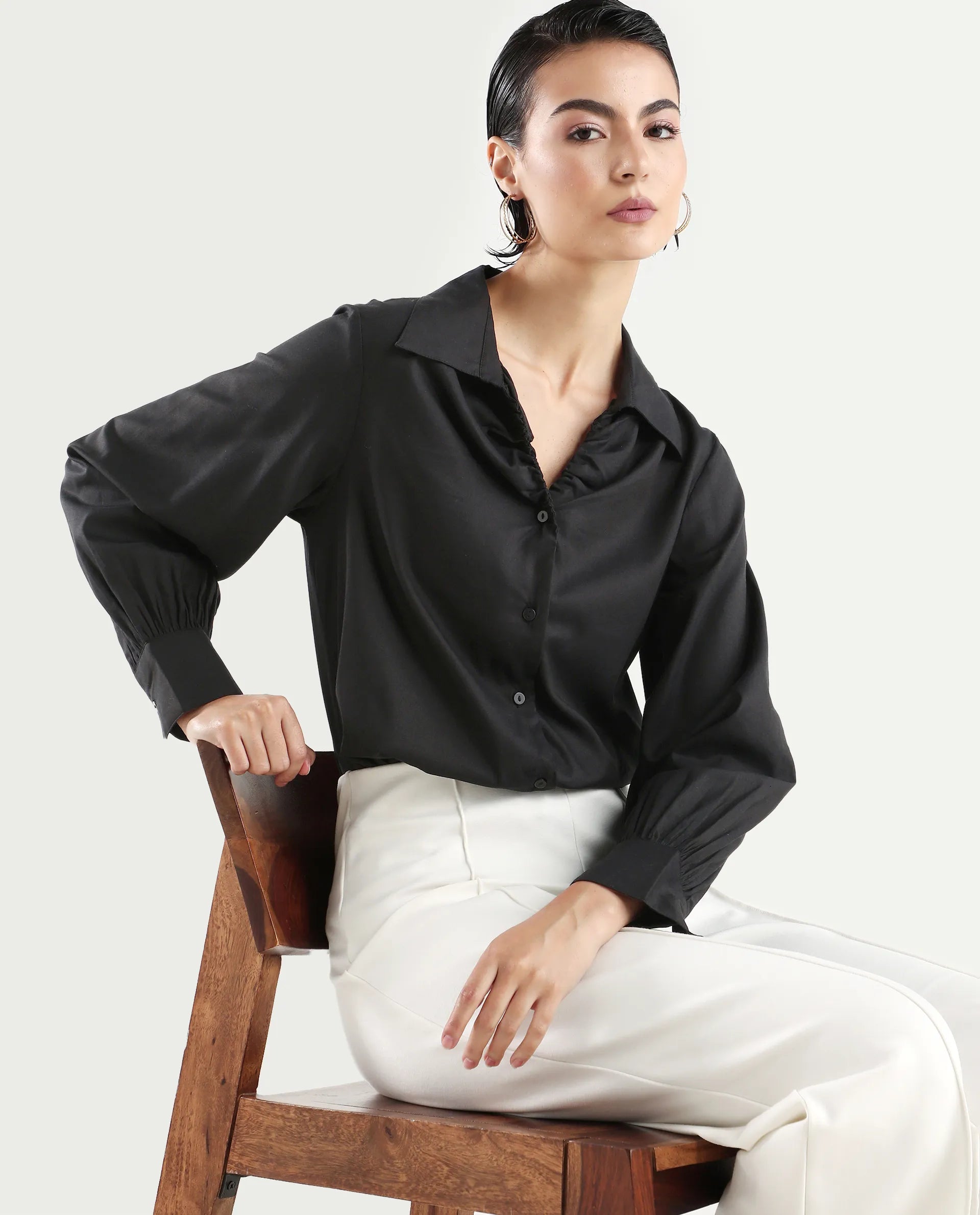 Rareism Women's Ronwopi Black Modal Spread Collar Plain Cuffed Sleeve Regular Fit Shirt