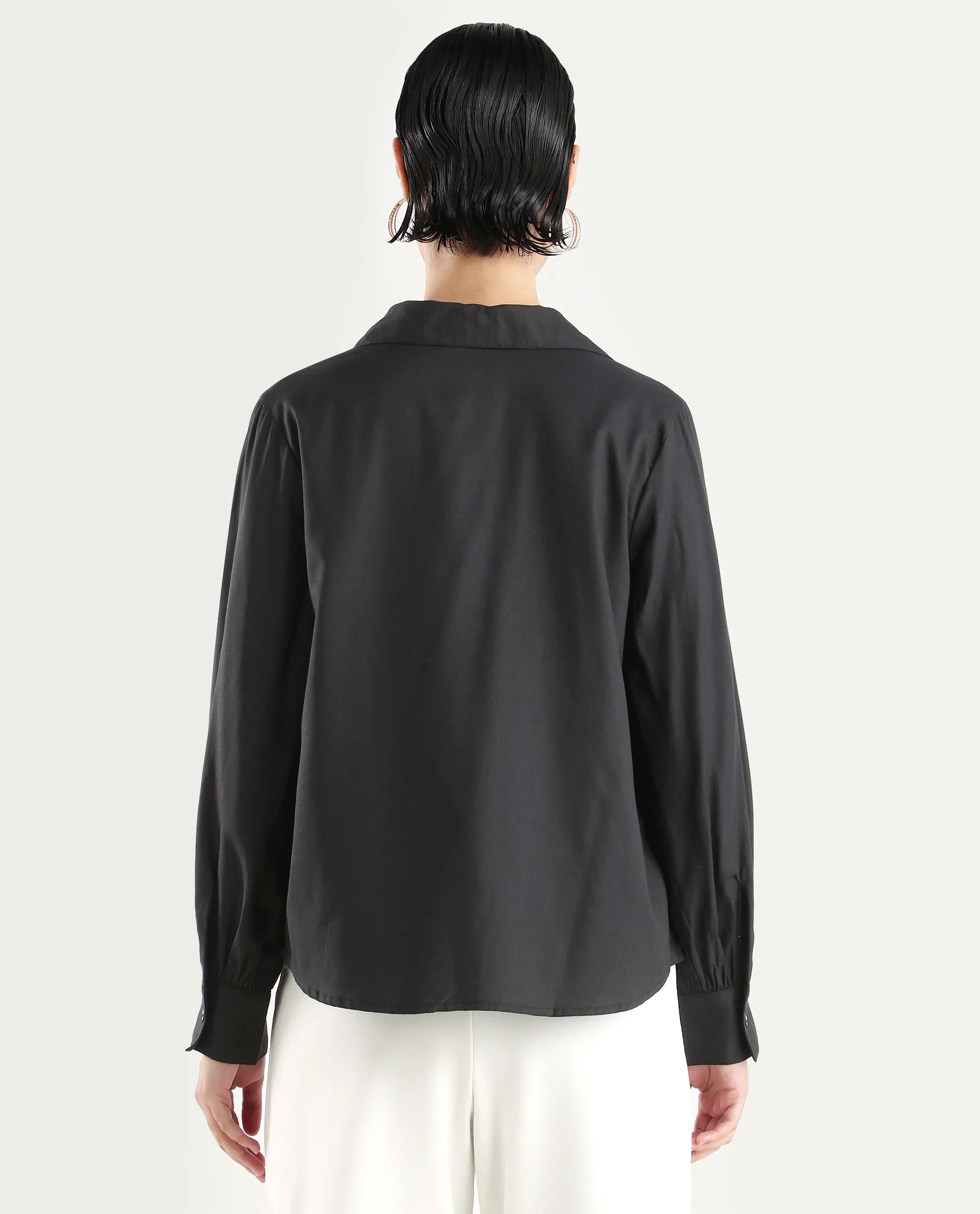 Rareism Women's Ronwopi Black Modal Spread Collar Plain Cuffed Sleeve Regular Fit Shirt