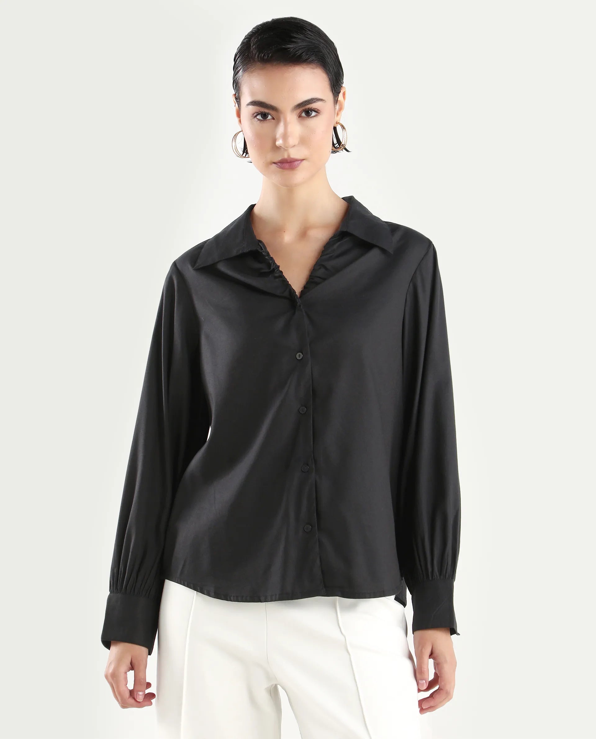 Rareism Women's Ronwopi Black Modal Spread Collar Plain Cuffed Sleeve Regular Fit Shirt