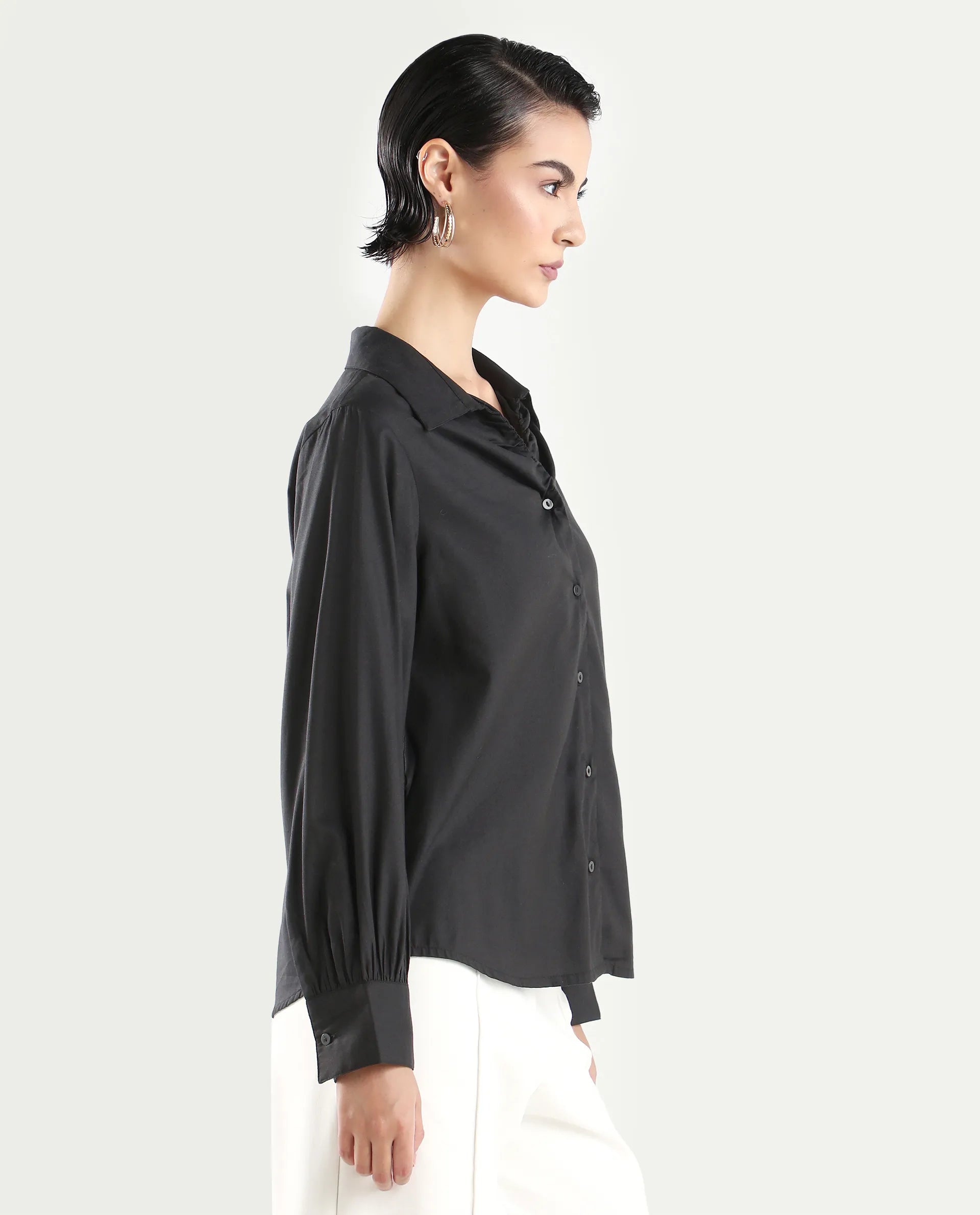 Rareism Women's Ronwopi Black Modal Spread Collar Plain Cuffed Sleeve Regular Fit Shirt