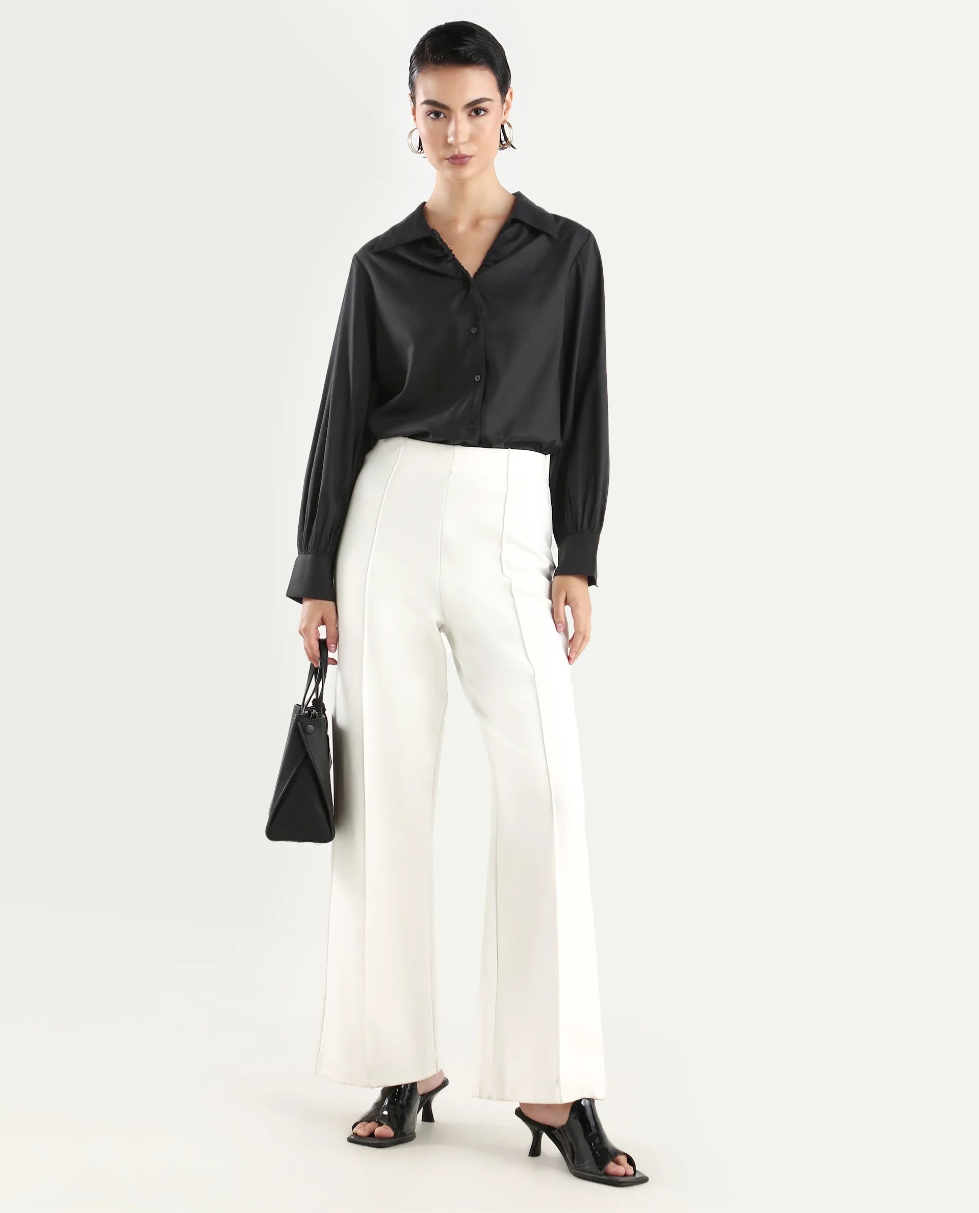 Rareism Women's Ronwopi Black Modal Spread Collar Plain Cuffed Sleeve Regular Fit Shirt