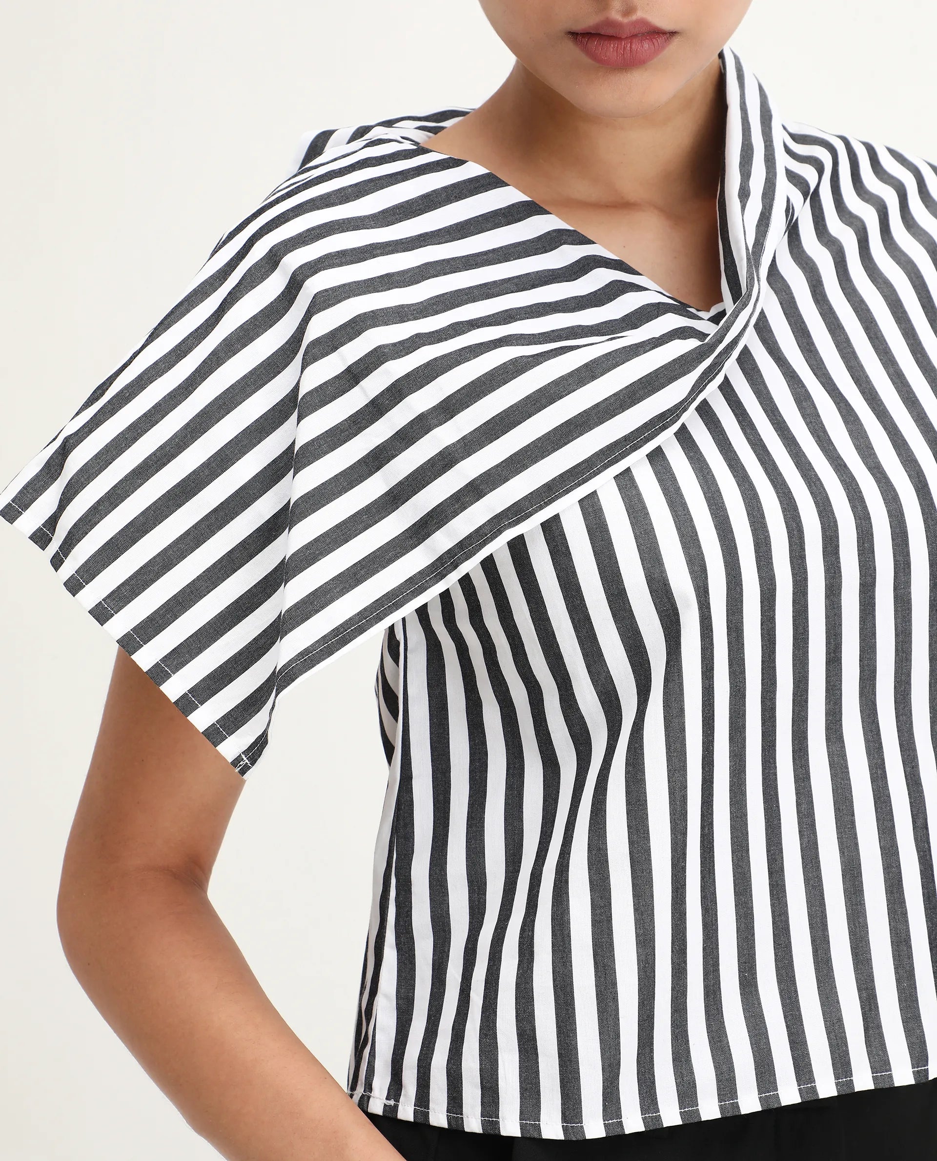 Rareism Women's Ronwor White Cotton Cowl Neck Striped Extended Sleeves Regular Fit Top