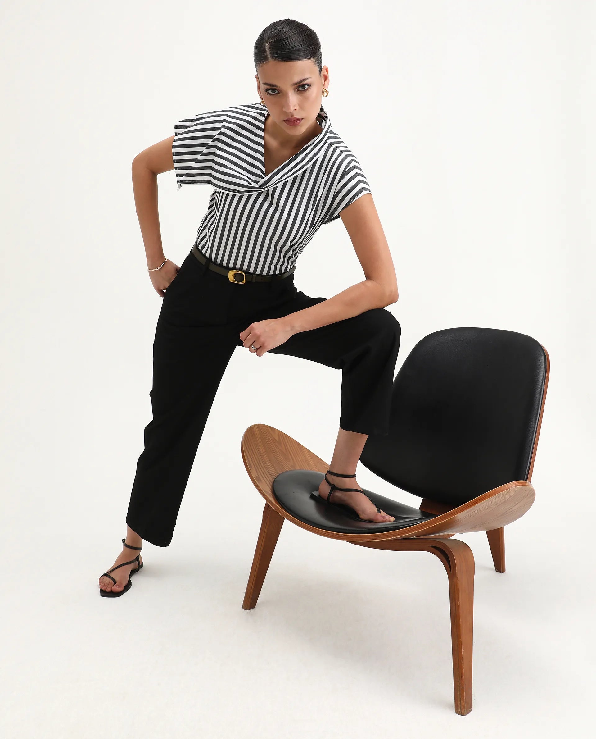 Rareism Women's Ronwor White Cotton Cowl Neck Striped Extended Sleeves Regular Fit Top