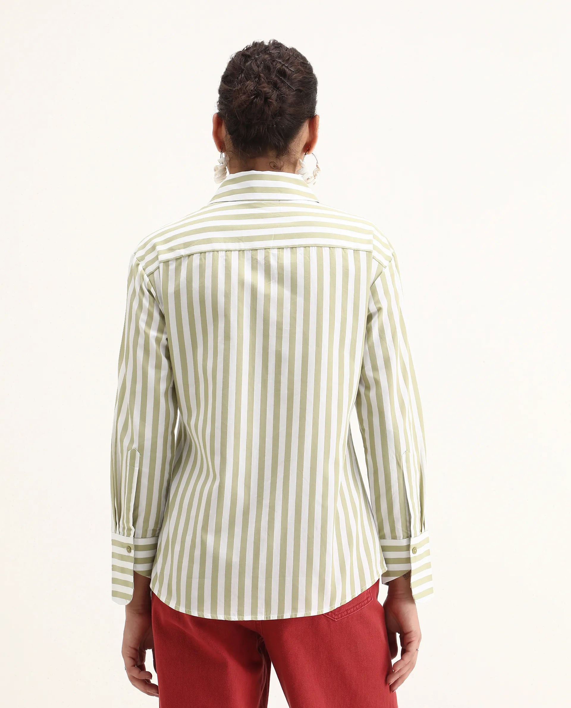 Rareism Women's Ronwoz Green Cotton Spread Collar Striped Cuffed Sleeve Regular Fit Shirt