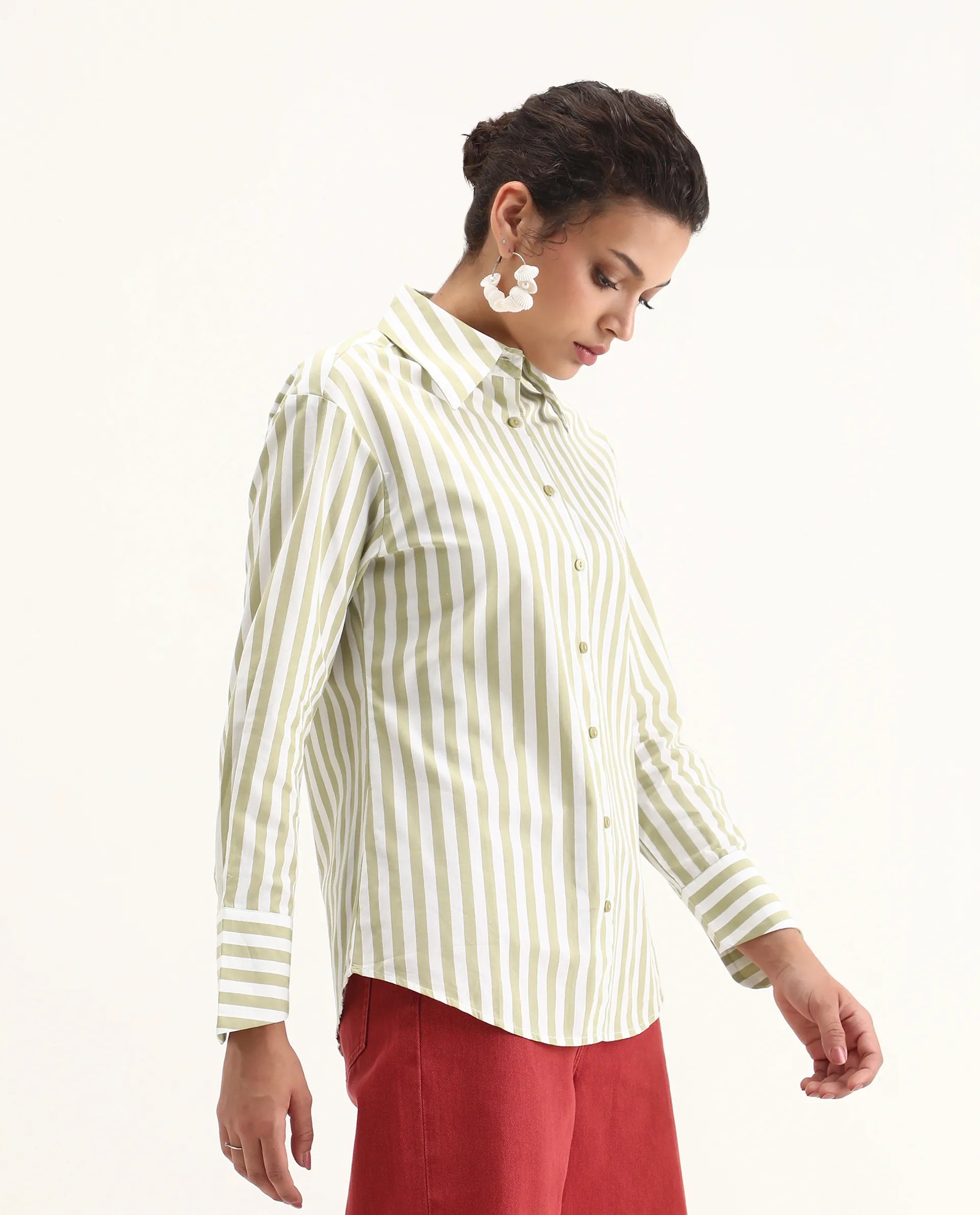 Rareism Women's Ronwoz Green Cotton Spread Collar Striped Cuffed Sleeve Regular Fit Shirt