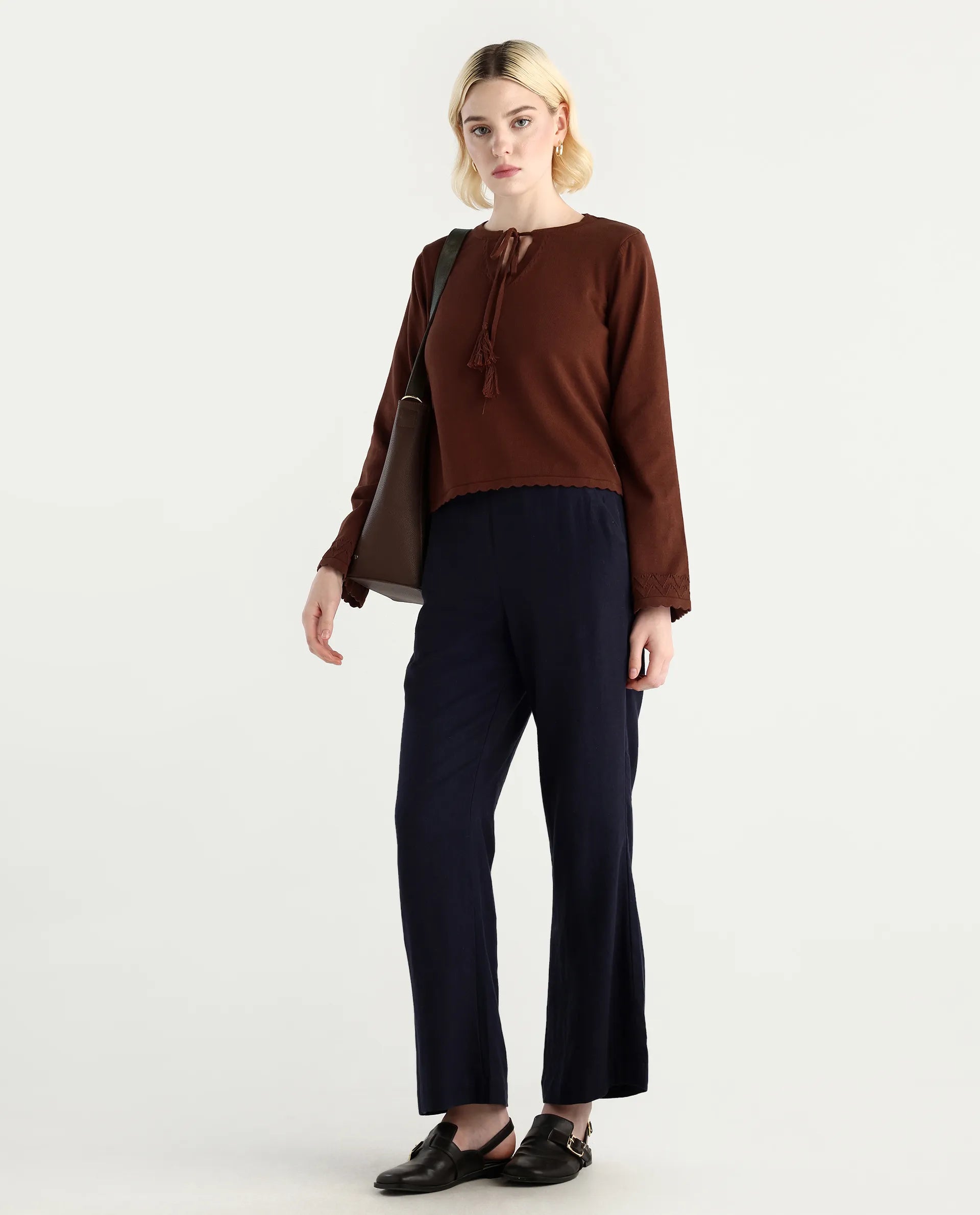 Rareism Women's Ronzmu Dark Brown Cotton Tie-Up Neck Plain Regular Fit Top