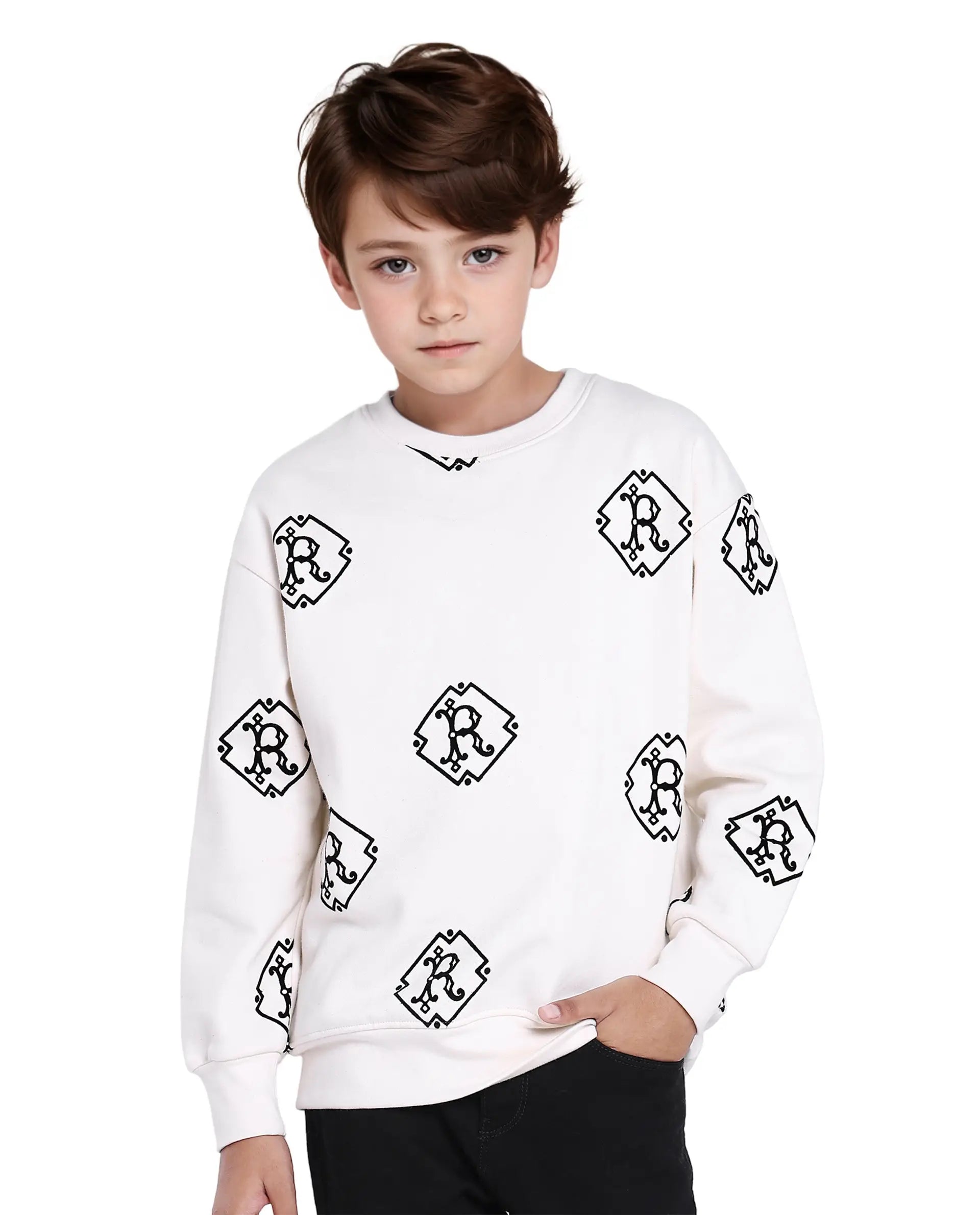 Rare Ones Kids Ronz Off White Cotton Poly Full Sleeve Flock Print Sweatshirt
