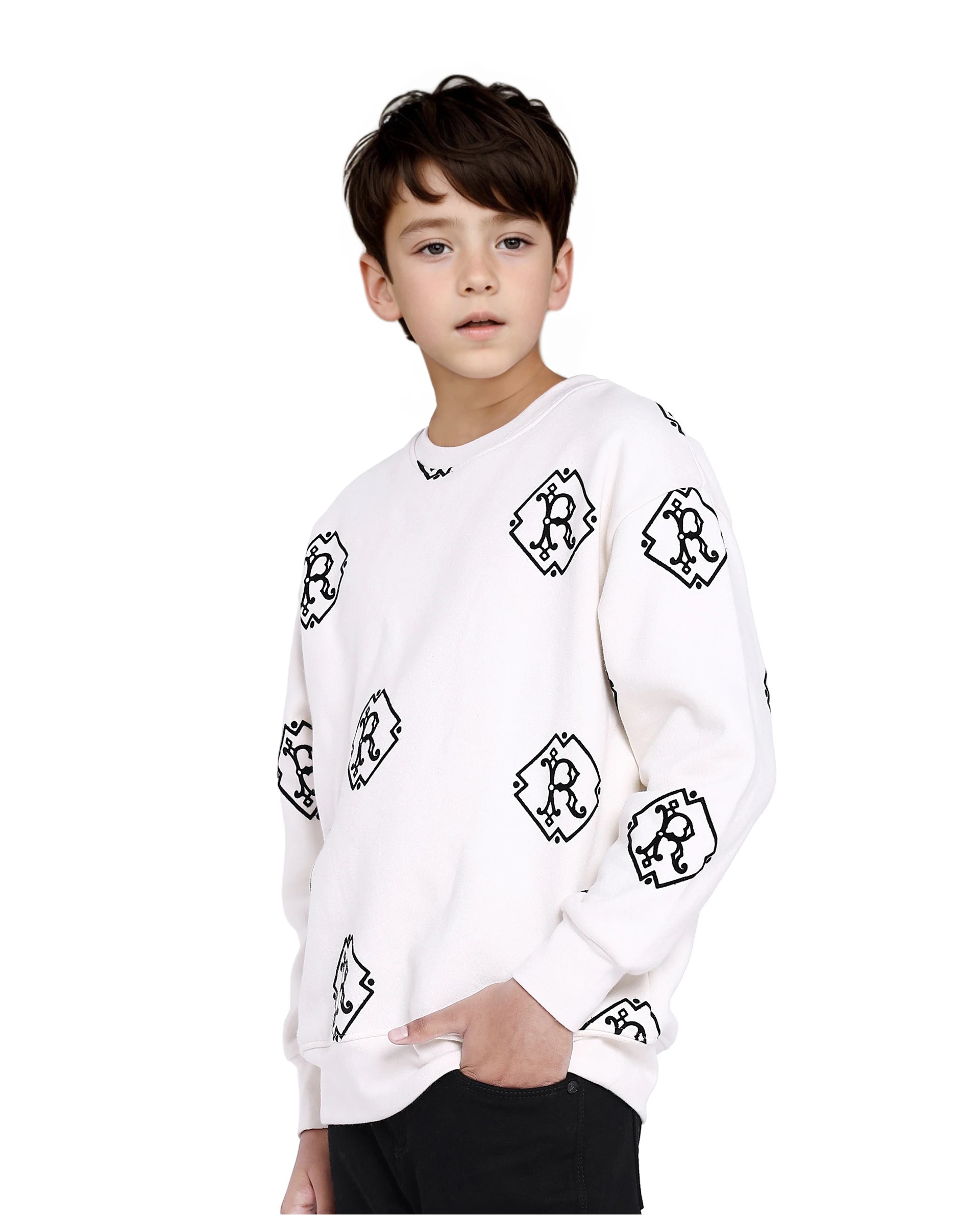 Rare Ones Kids Ronz Off White Cotton Poly Full Sleeve Flock Print Sweatshirt