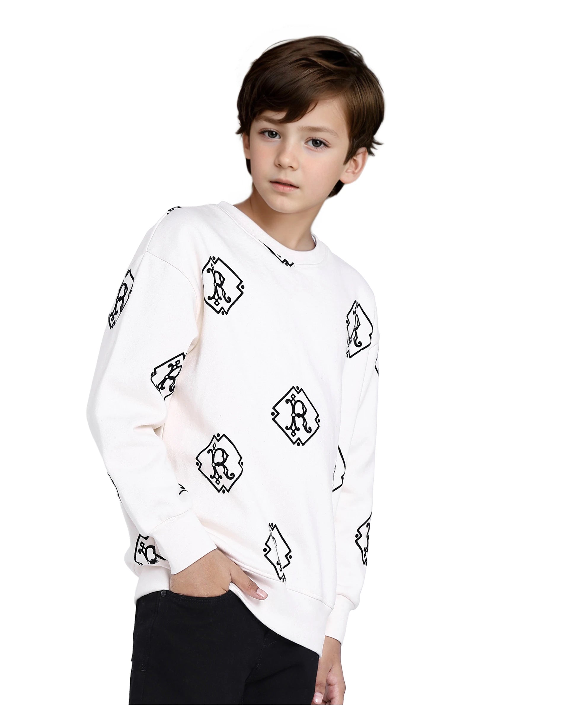 Rare Ones Kids Ronz Off White Cotton Poly Full Sleeve Flock Print Sweatshirt