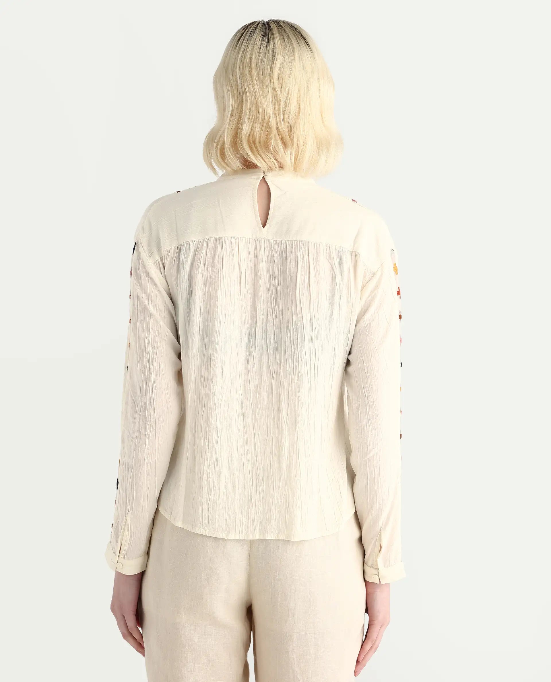 Rareism Women's Ronz Off White Viscose Round Neck Embroidered Relaxed Fit Top