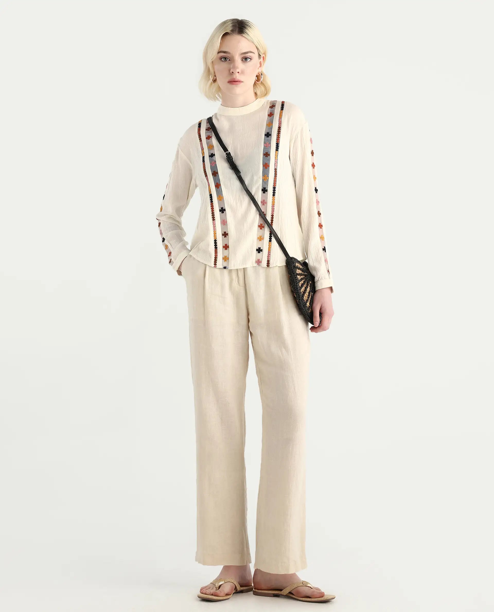 Rareism Women's Ronz Off White Viscose Round Neck Embroidered Relaxed Fit Top