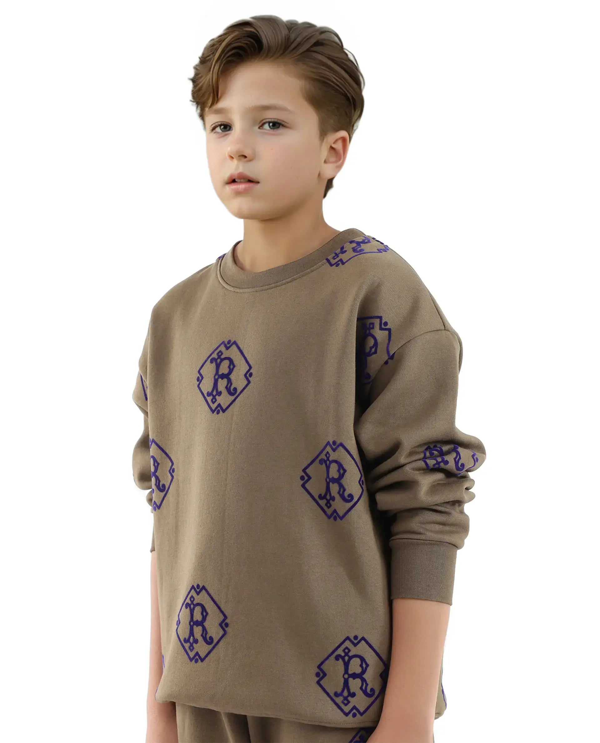 Rare Ones Kids Ronz Olive Cotton Poly Full Sleeve Flock Print Sweatshirt