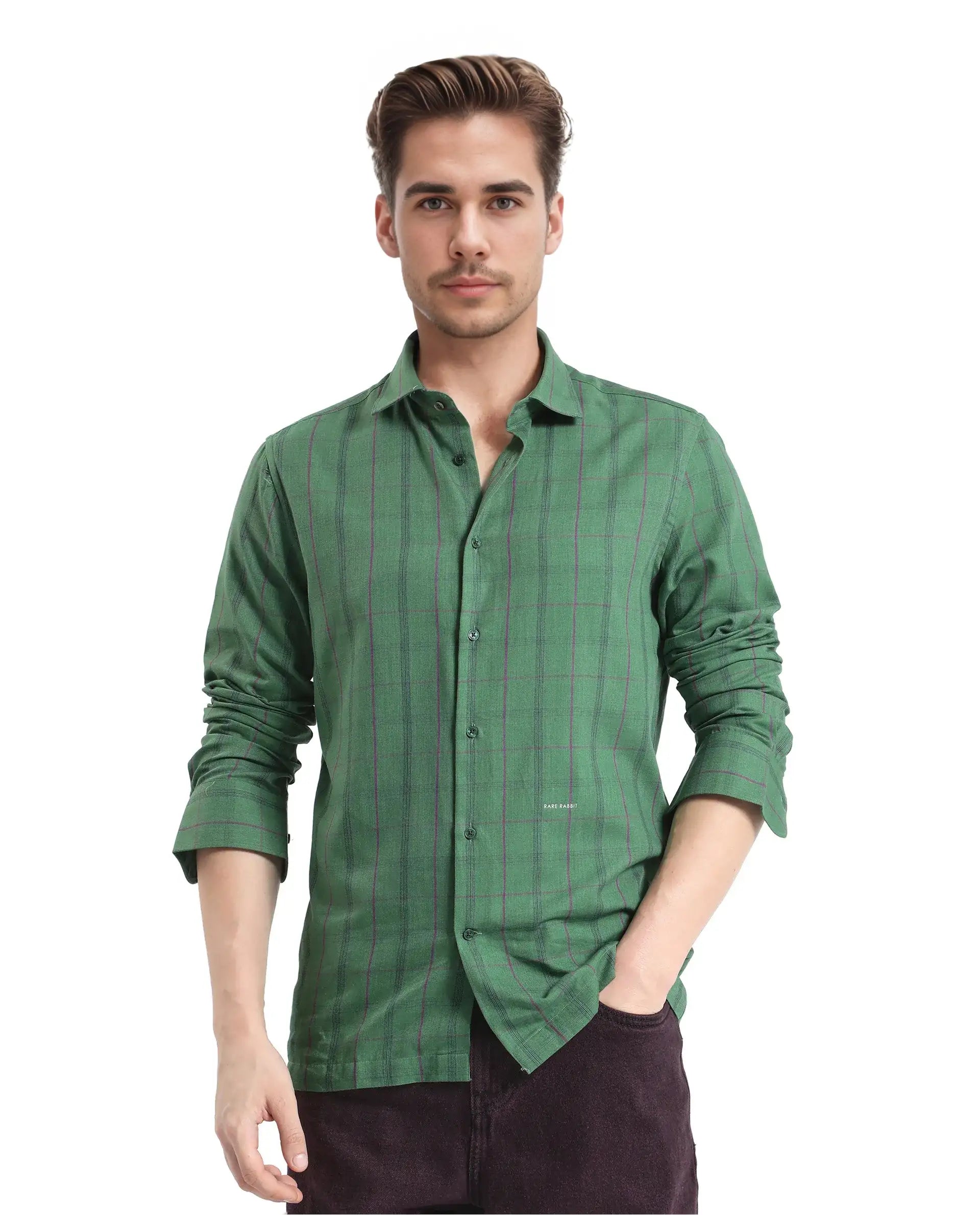 Rare Rabbit Men's Roos Green Cotton Checked Print Oversized Fit Full Sleeve Collared Shirt