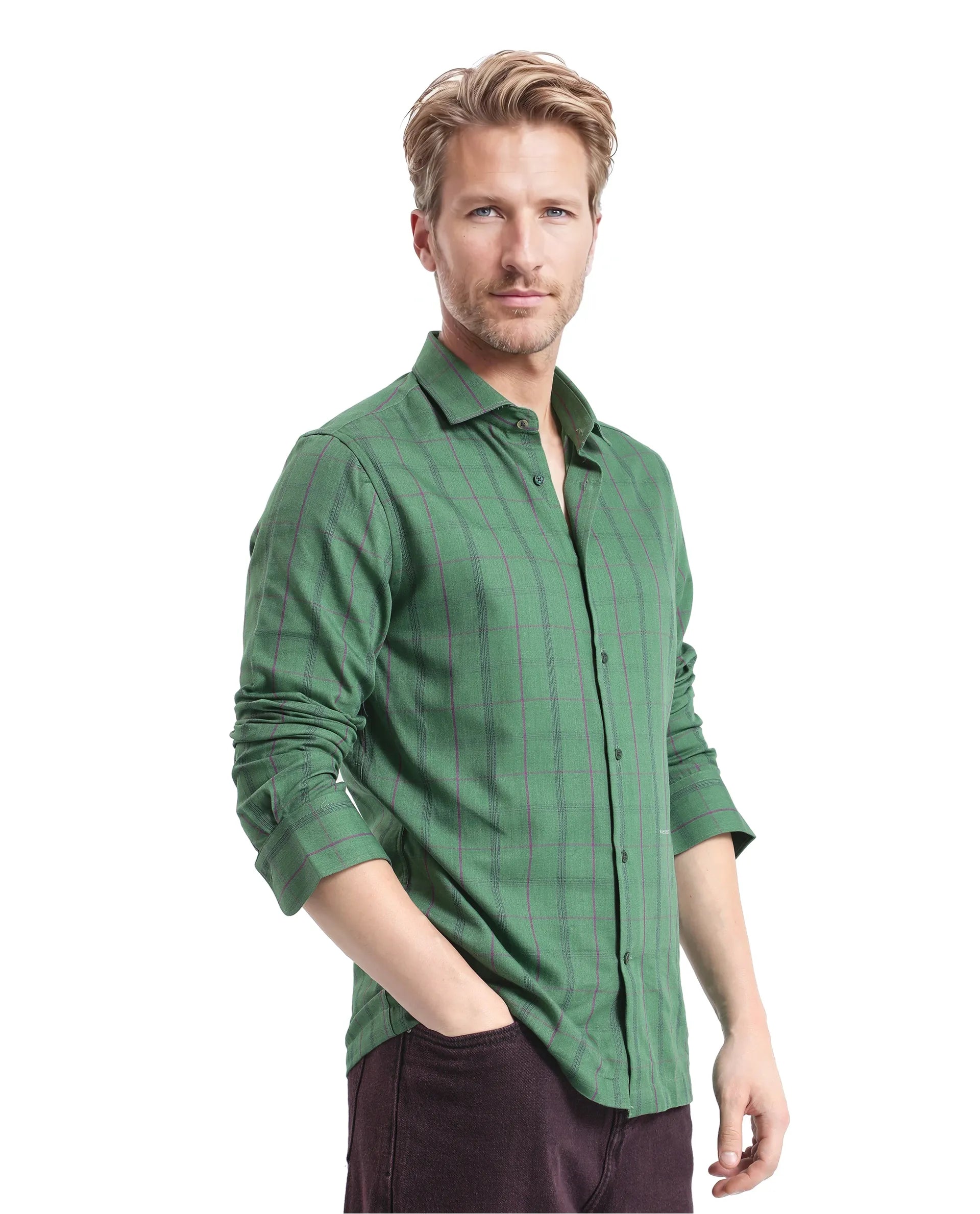 Rare Rabbit Men Roos Green Cotton Poly Fabric Full Sleeve Regular Collar Oversized Fit Checked Shirt