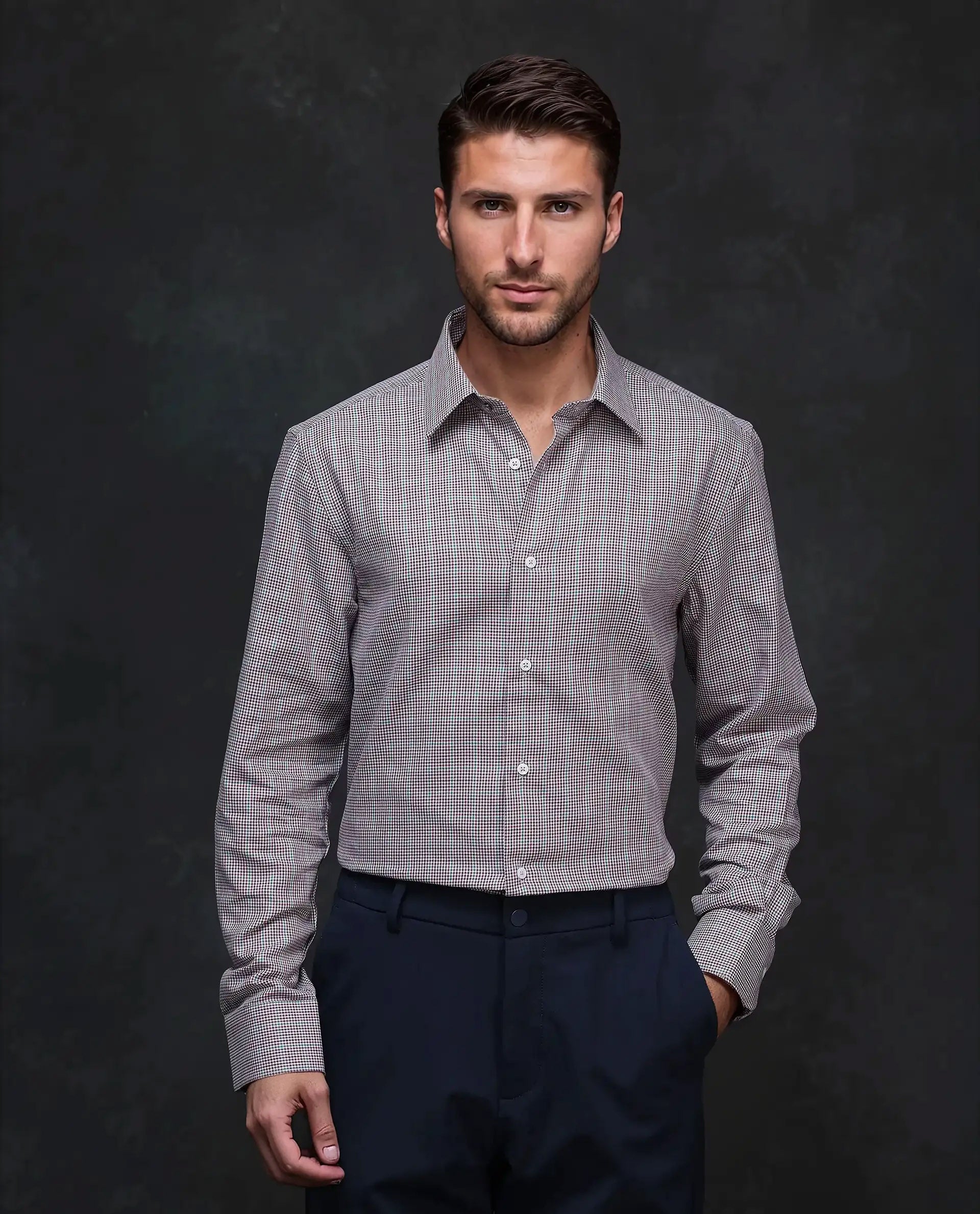 Rare Rabbit Men's Root Maroon Cotton Checked Print Regular Fit Full Sleeve Collared Shirt