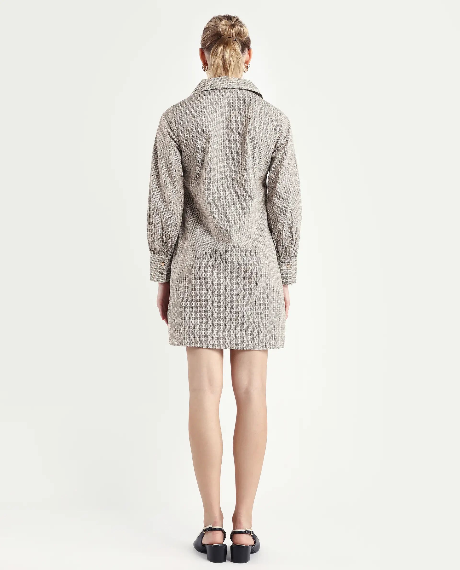 Rareism Women's Rore Beige Cotton Drop Collar Striped Cuffed Sleeve Mini Regular Fit Dress