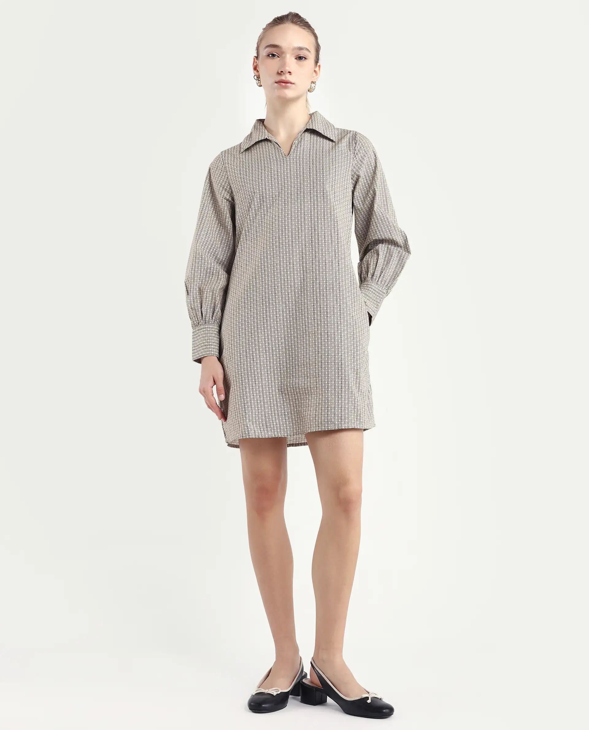 Rareism Women's Rore Beige Cotton Drop Collar Striped Cuffed Sleeve Mini Regular Fit Dress