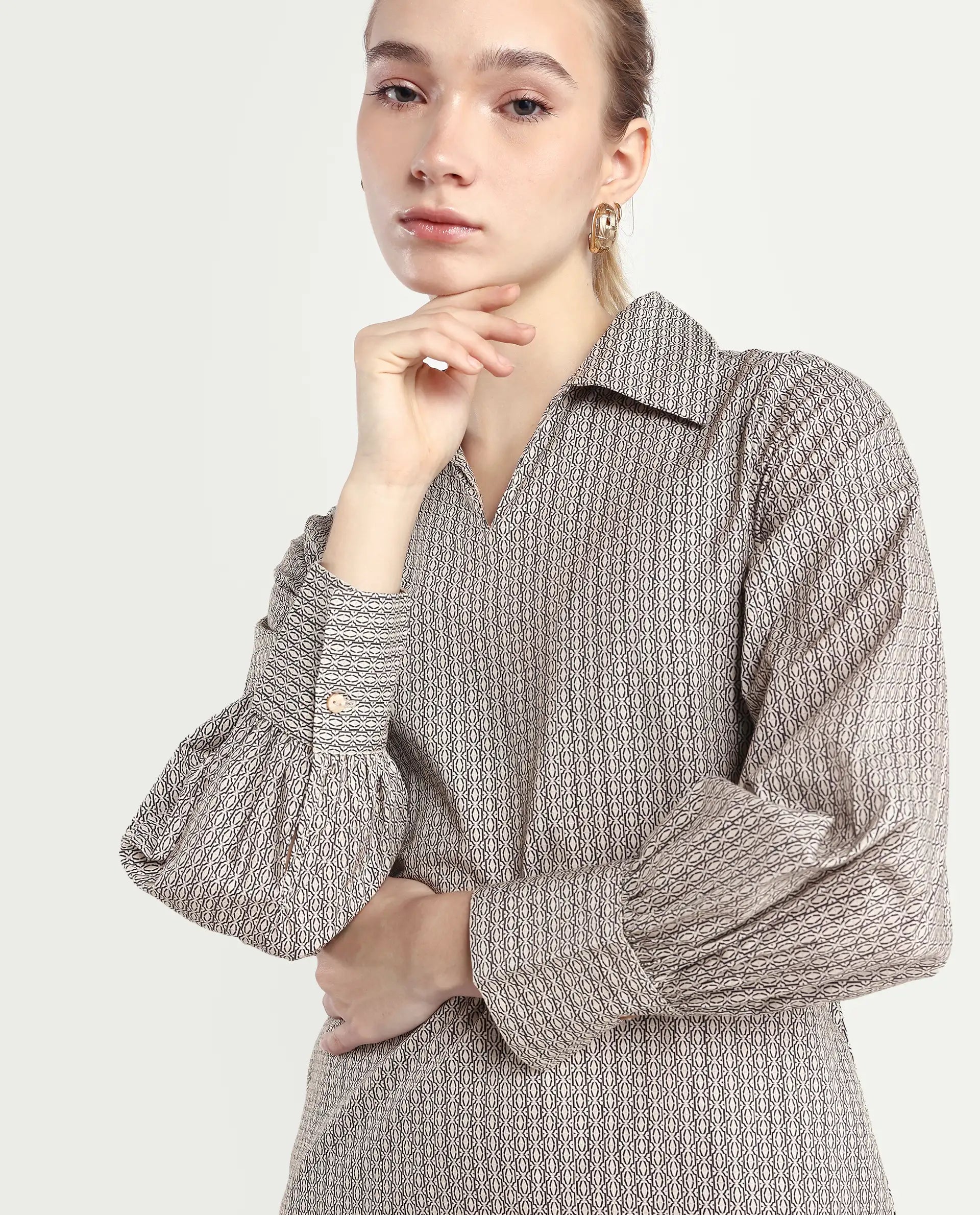 Rareism Women's Rore Beige Cotton Drop Collar Striped Cuffed Sleeve Mini Regular Fit Dress