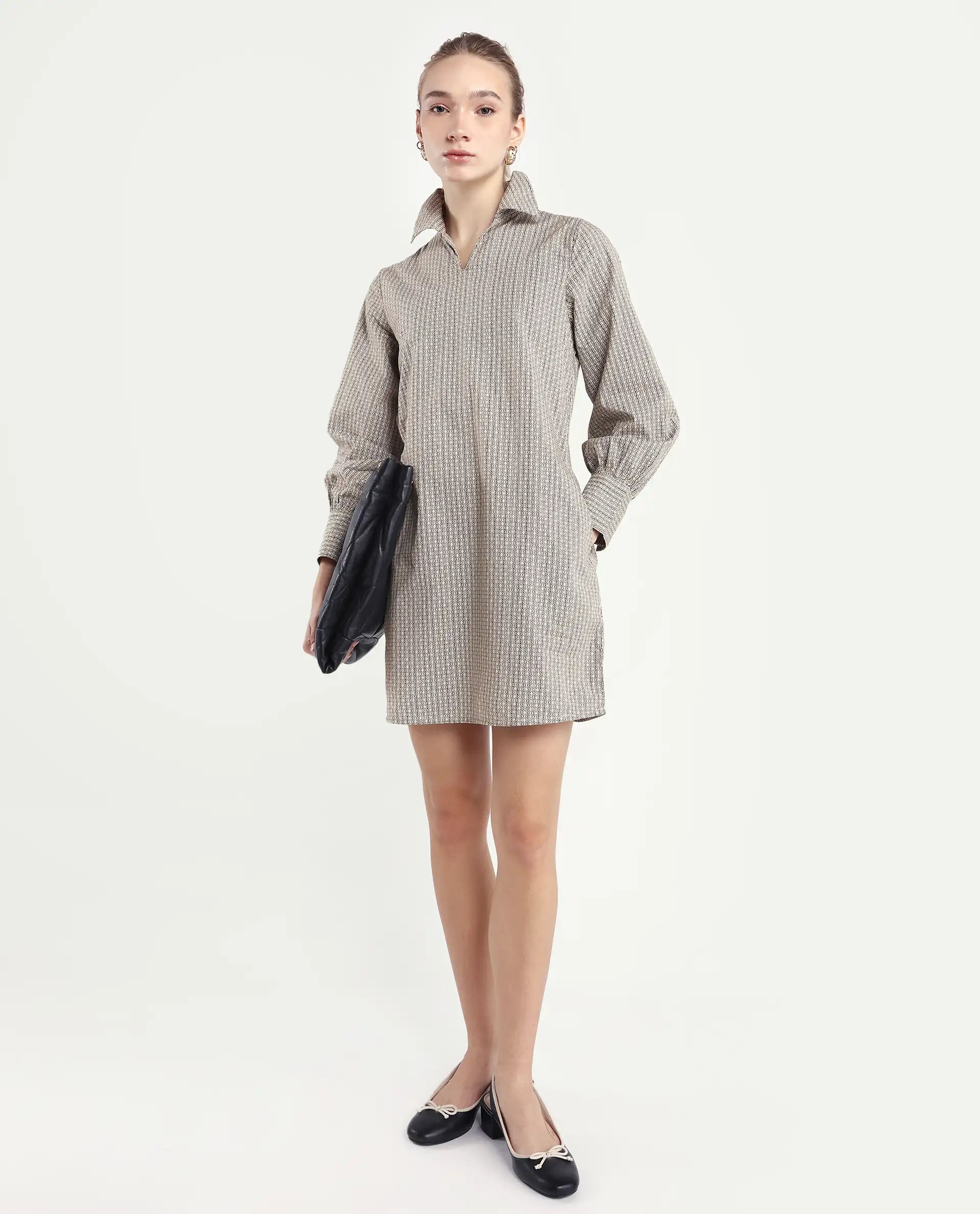 Rareism Women's Rore Beige Cotton Drop Collar Striped Cuffed Sleeve Mini Regular Fit Dress