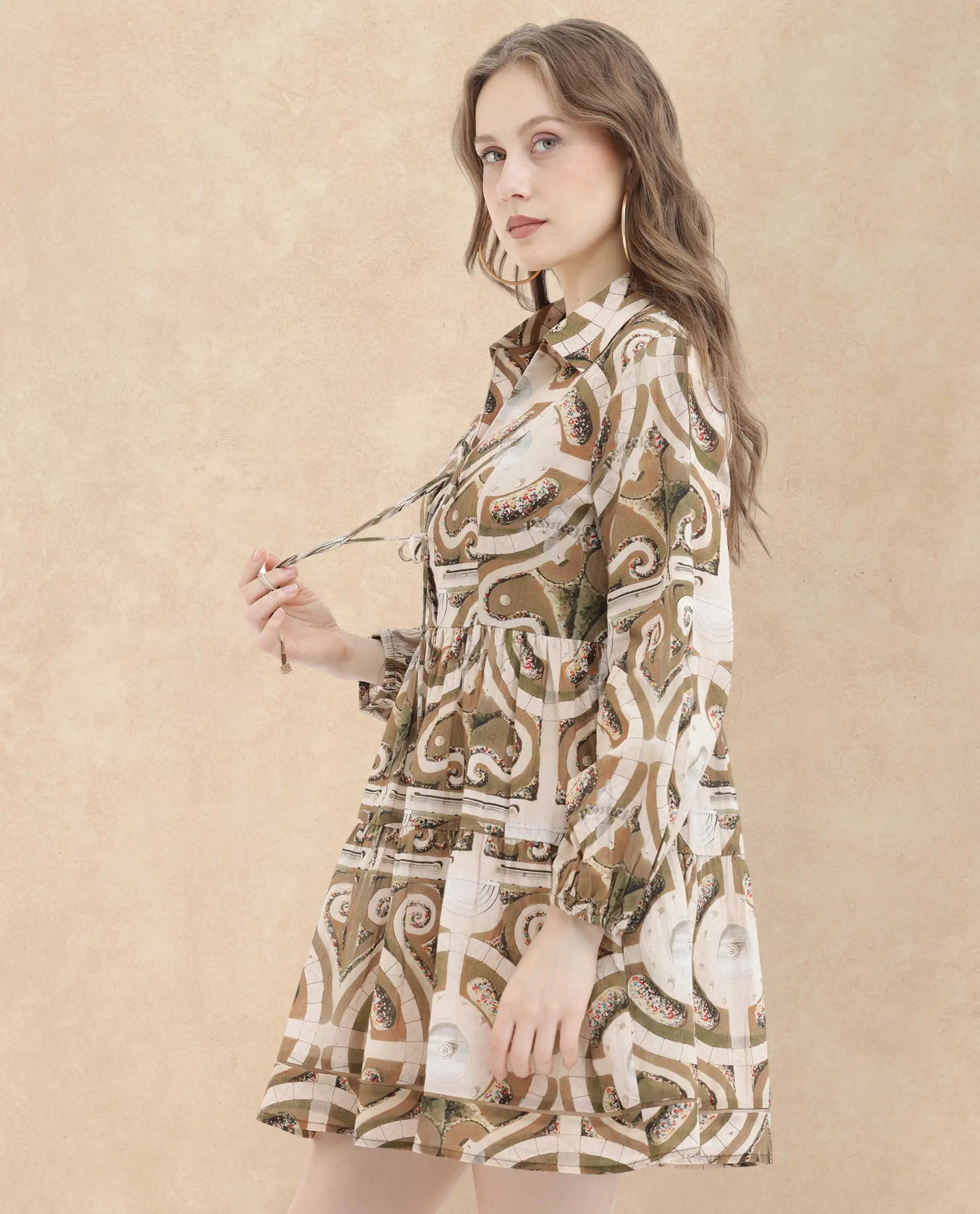 Rareism Women Rory Pastel Green Cotton Fabric Regular Sleeves V-Neck Abstract Print Longline Dress