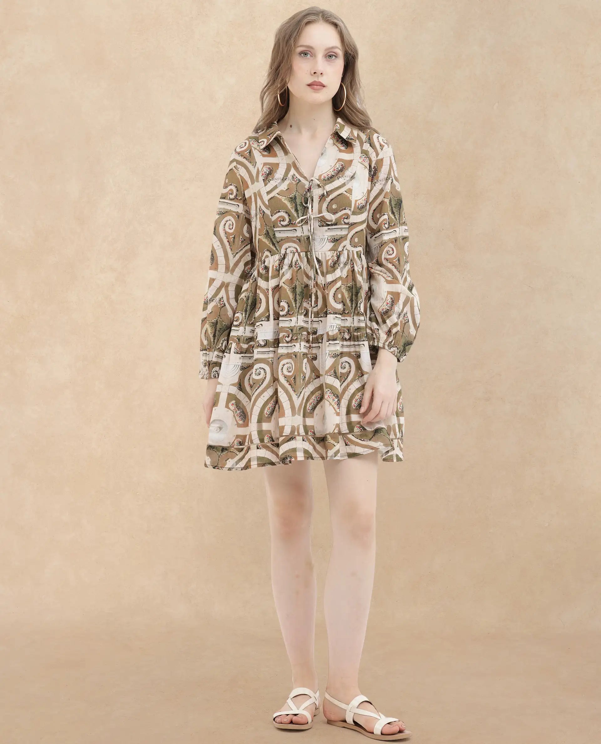 Rareism Women Rory Pastel Green Cotton Fabric Regular Sleeves V-Neck Abstract Print Longline Dress