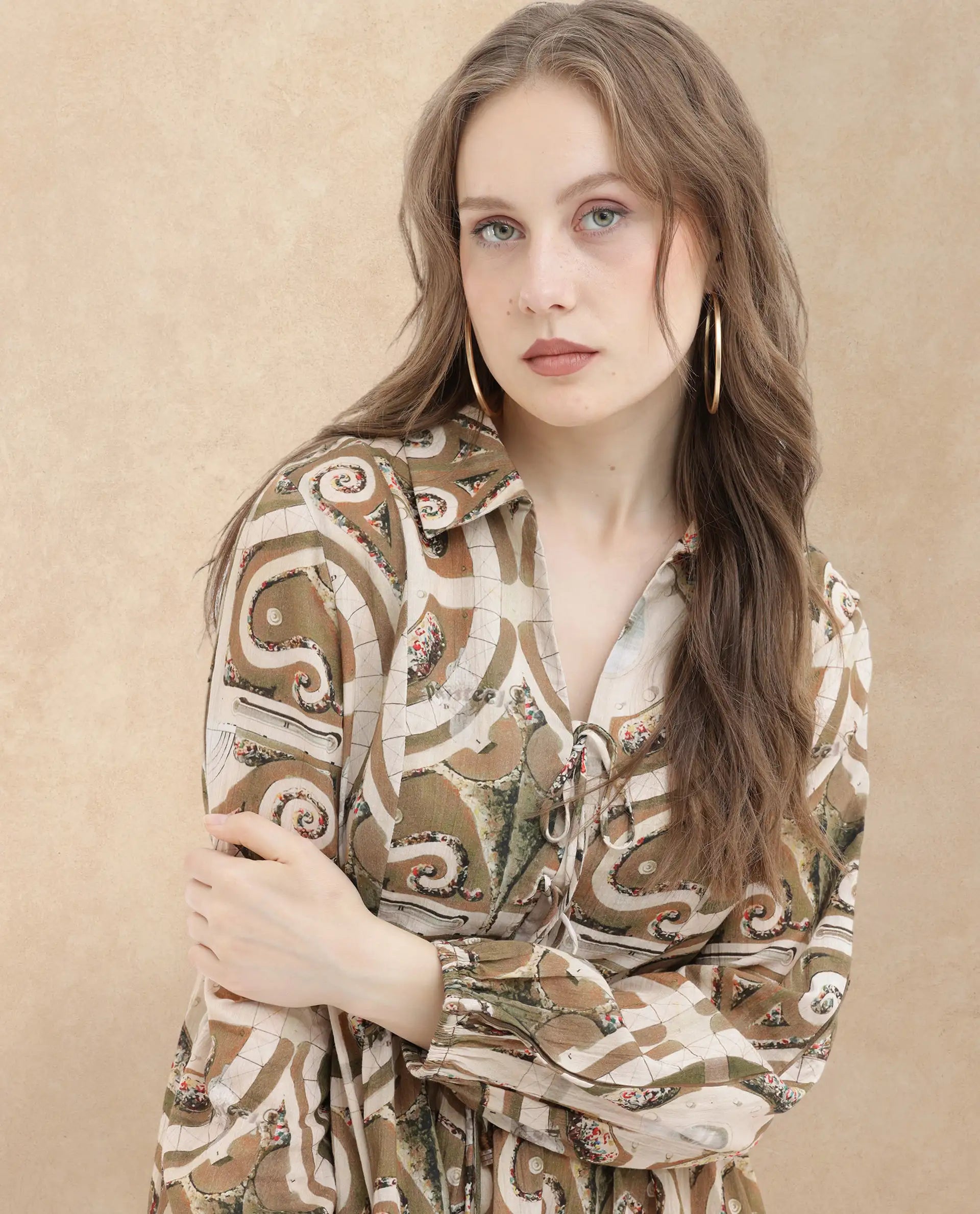 Rareism Women Rory Pastel Green Cotton Fabric Regular Sleeves V-Neck Abstract Print Longline Dress