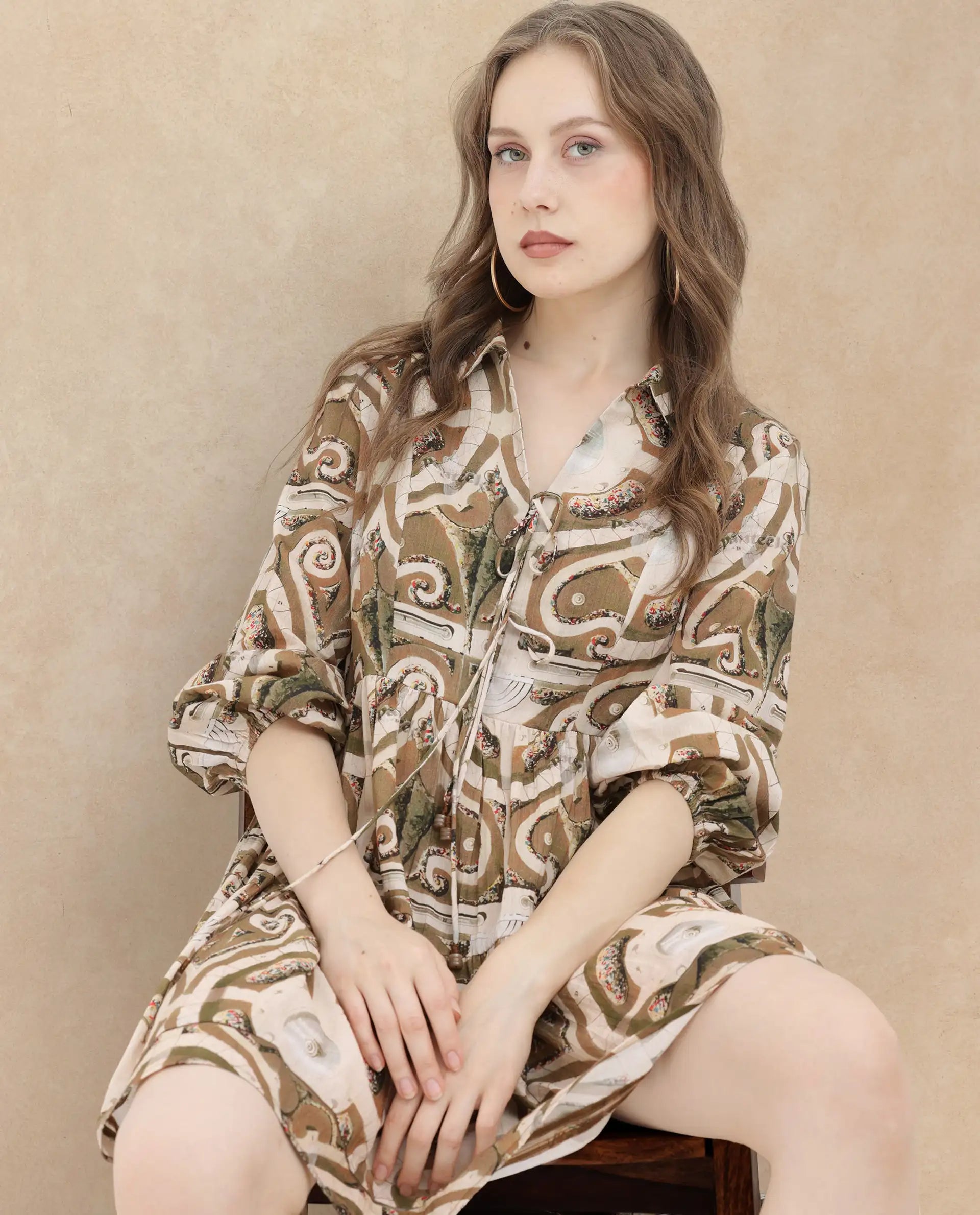 Rareism Women Rory Pastel Green Cotton Fabric Regular Sleeves V-Neck Abstract Print Longline Dress