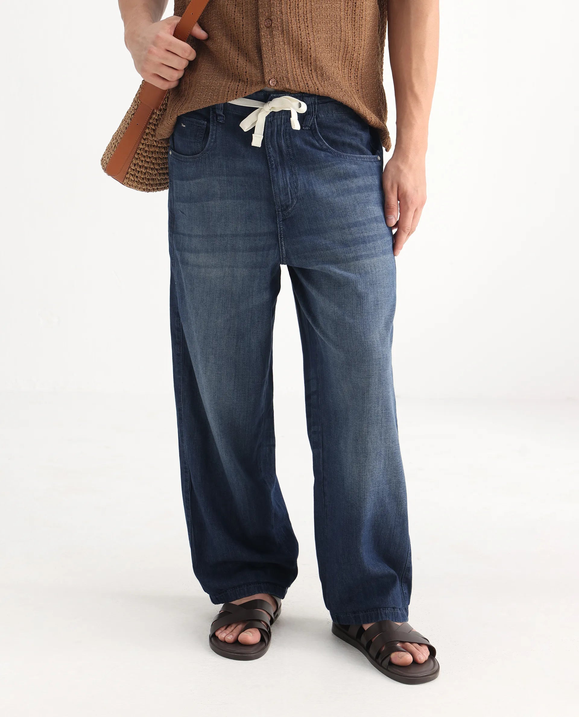 Rare Rabbit Men's Rory Light Blue Cotton Plain Baggy Fit Jeans