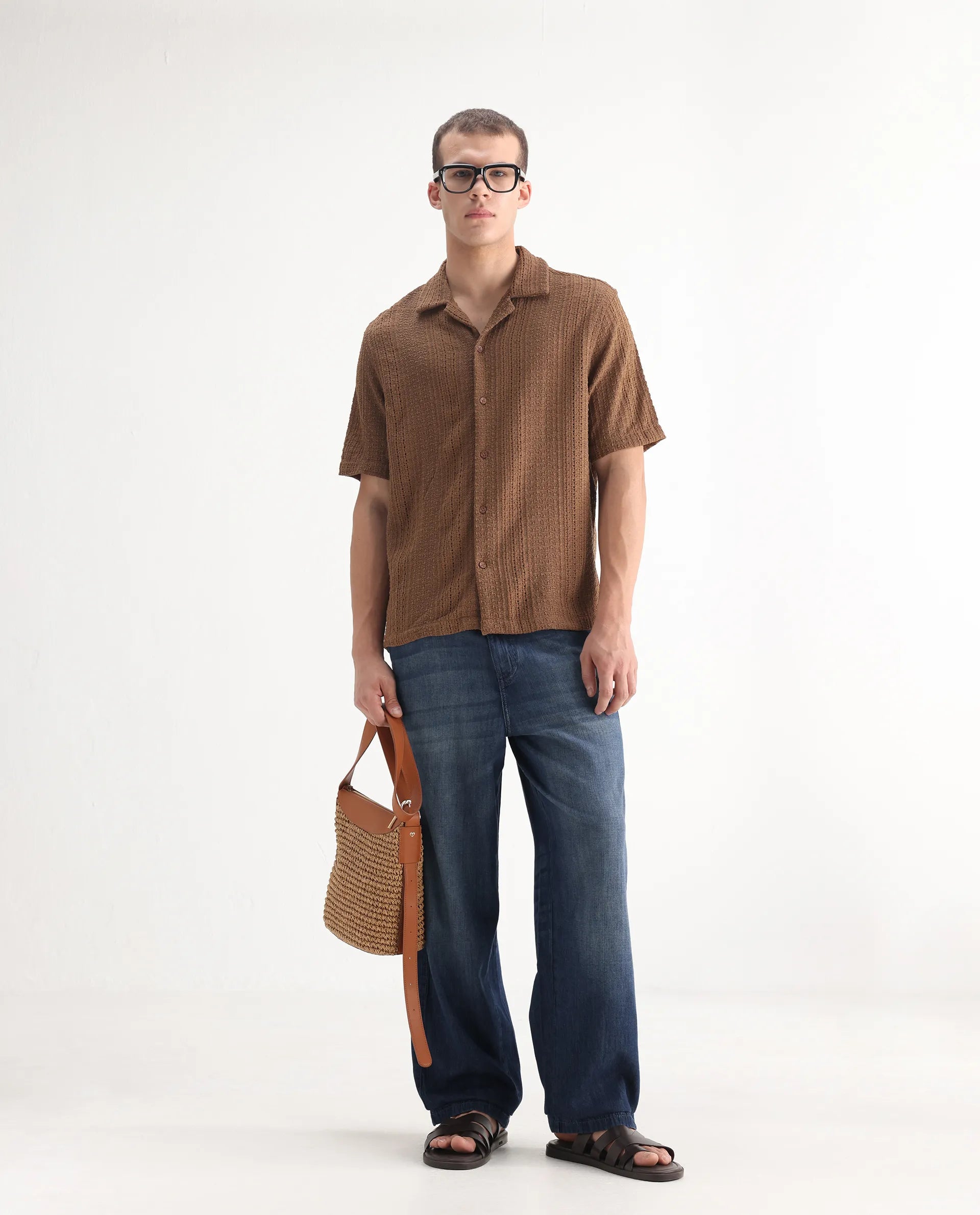 Rare Rabbit Men's Rory Light Blue Cotton Plain Baggy Fit Jeans