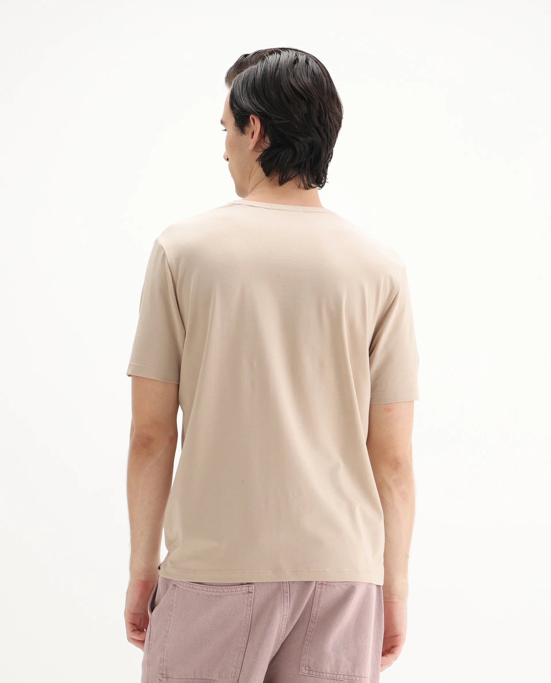 Rare Rabbit Men's Rosco Beige Cotton Blend Graphic Print Regular Fit Half Sleeve Crew Neck T-Shirt