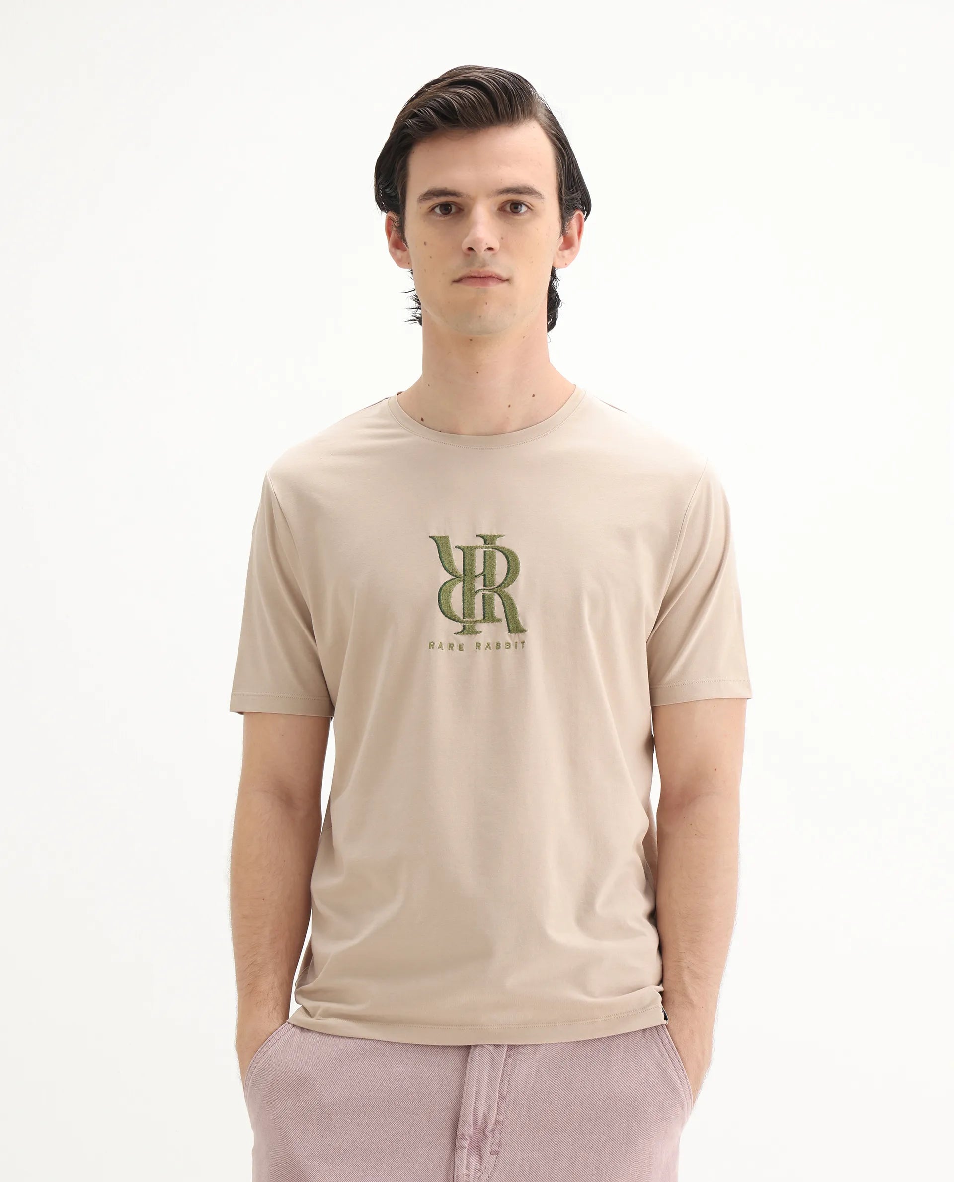 Rare Rabbit Men's Rosco Beige Cotton Blend Graphic Print Regular Fit Half Sleeve Crew Neck T-Shirt