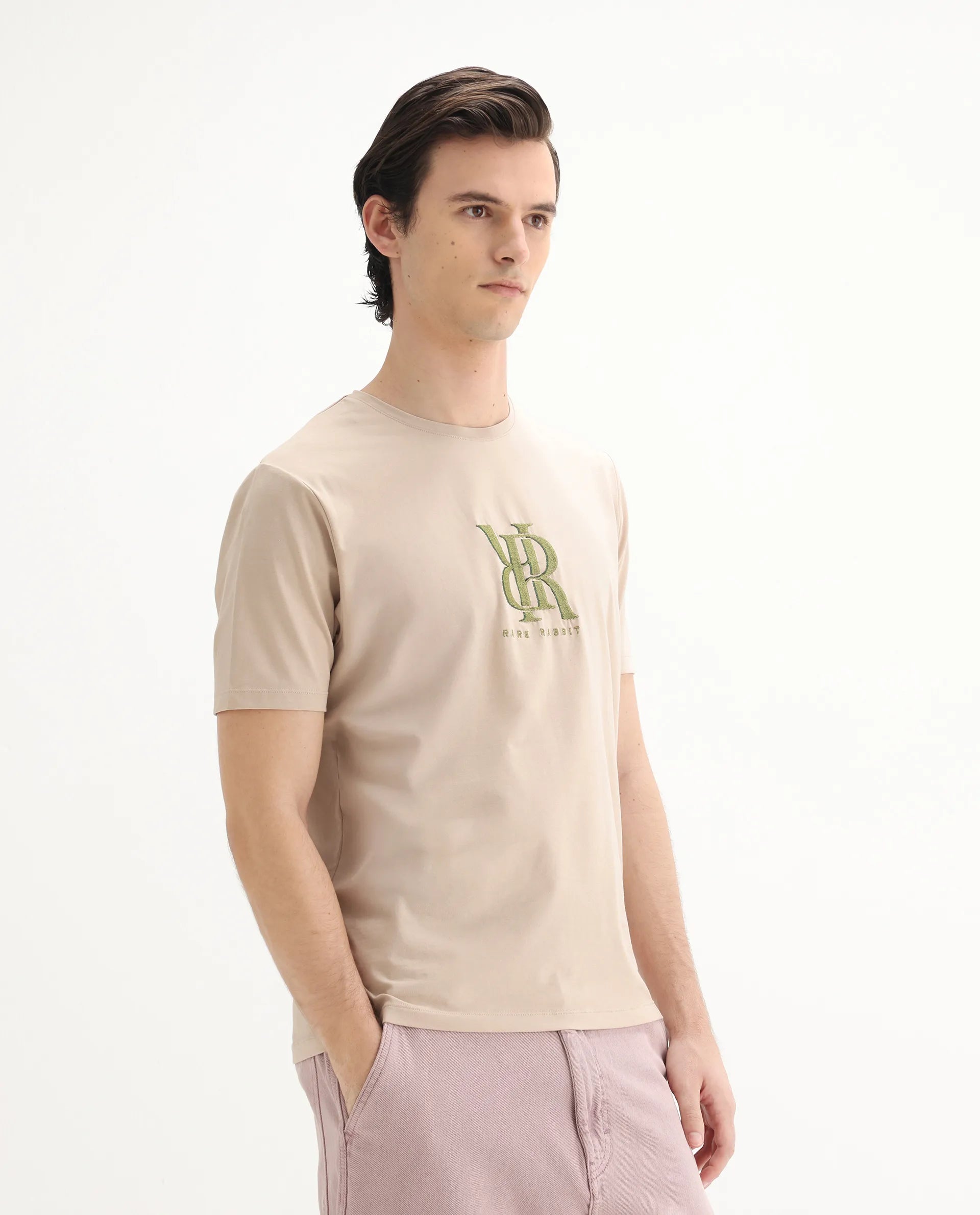 Rare Rabbit Men's Rosco Beige Cotton Blend Graphic Print Regular Fit Half Sleeve Crew Neck T-Shirt