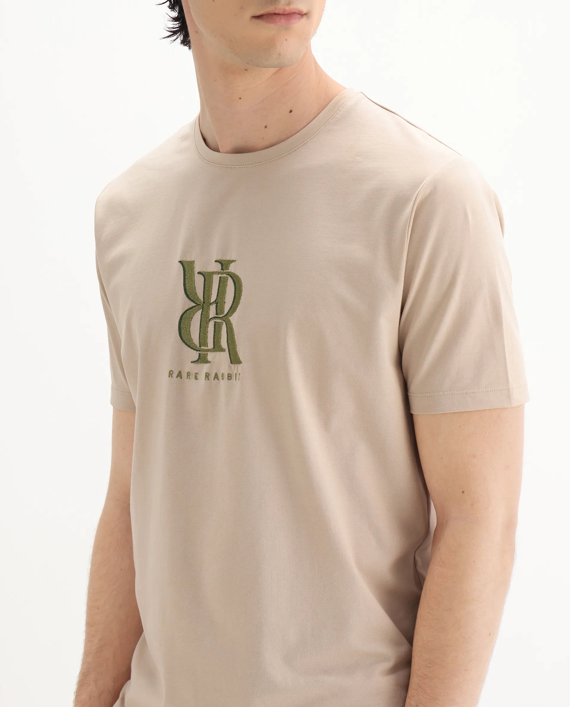 Rare Rabbit Men's Rosco Beige Cotton Blend Graphic Print Regular Fit Half Sleeve Crew Neck T-Shirt