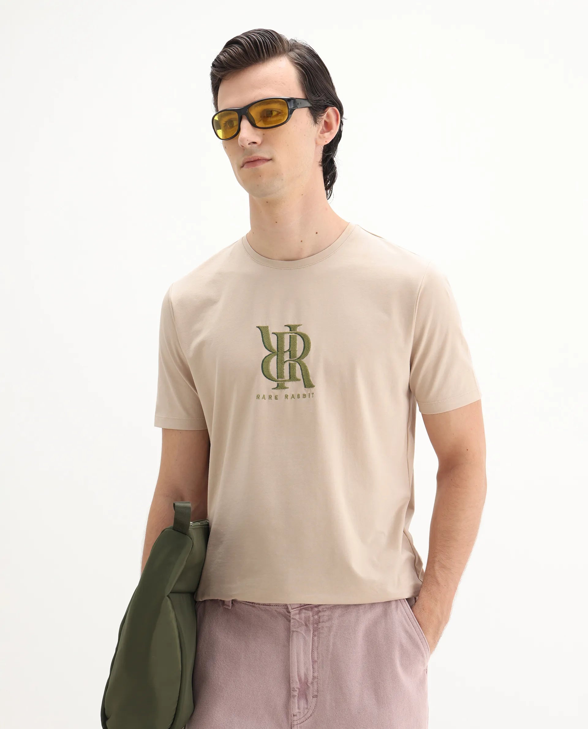 Rare Rabbit Men's Rosco Beige Cotton Blend Graphic Print Regular Fit Half Sleeve Crew Neck T-Shirt