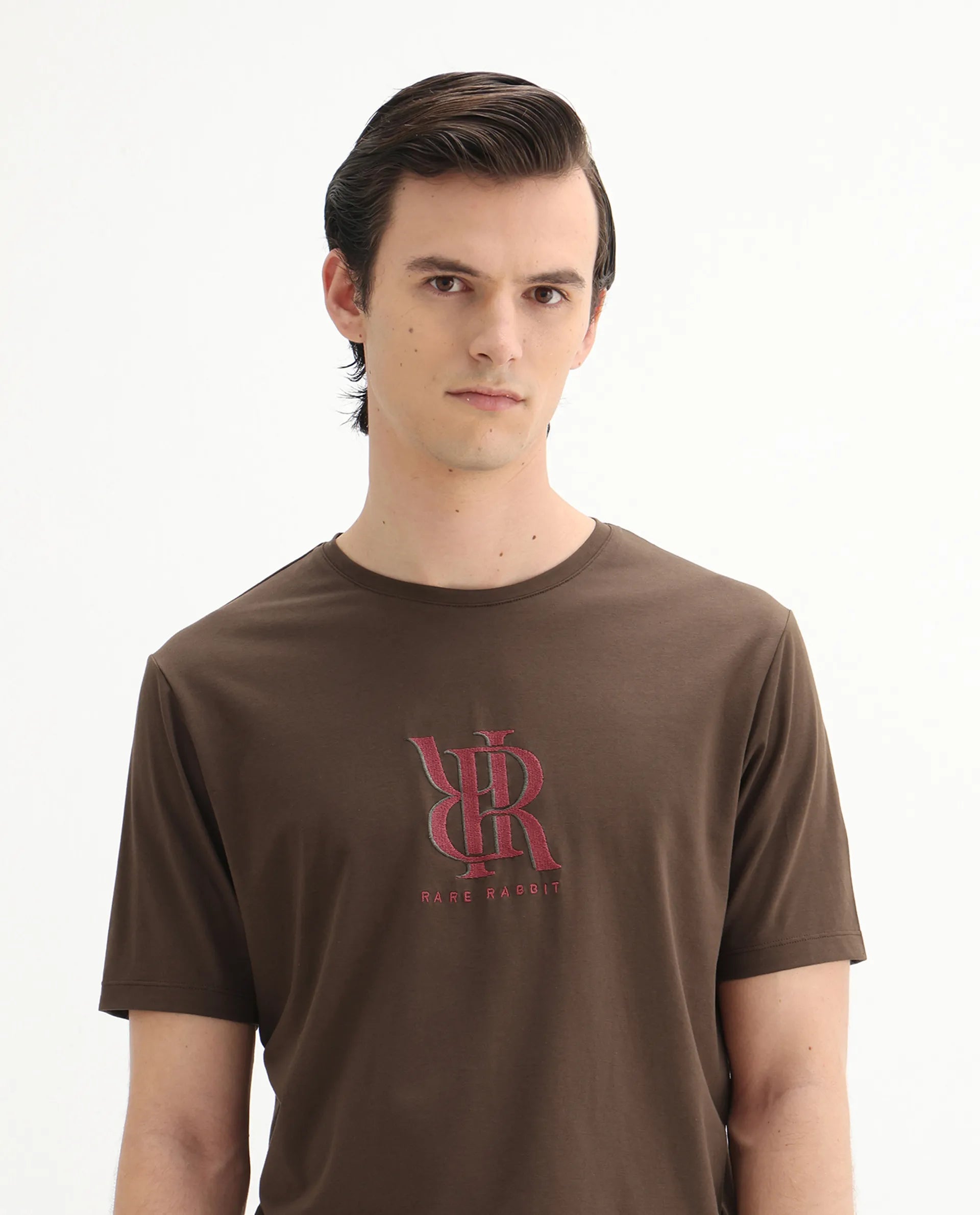 Rare Rabbit Men's Rosco Brown Cotton Blend Graphic Print Regular Fit Half Sleeve Crew Neck T-Shirt