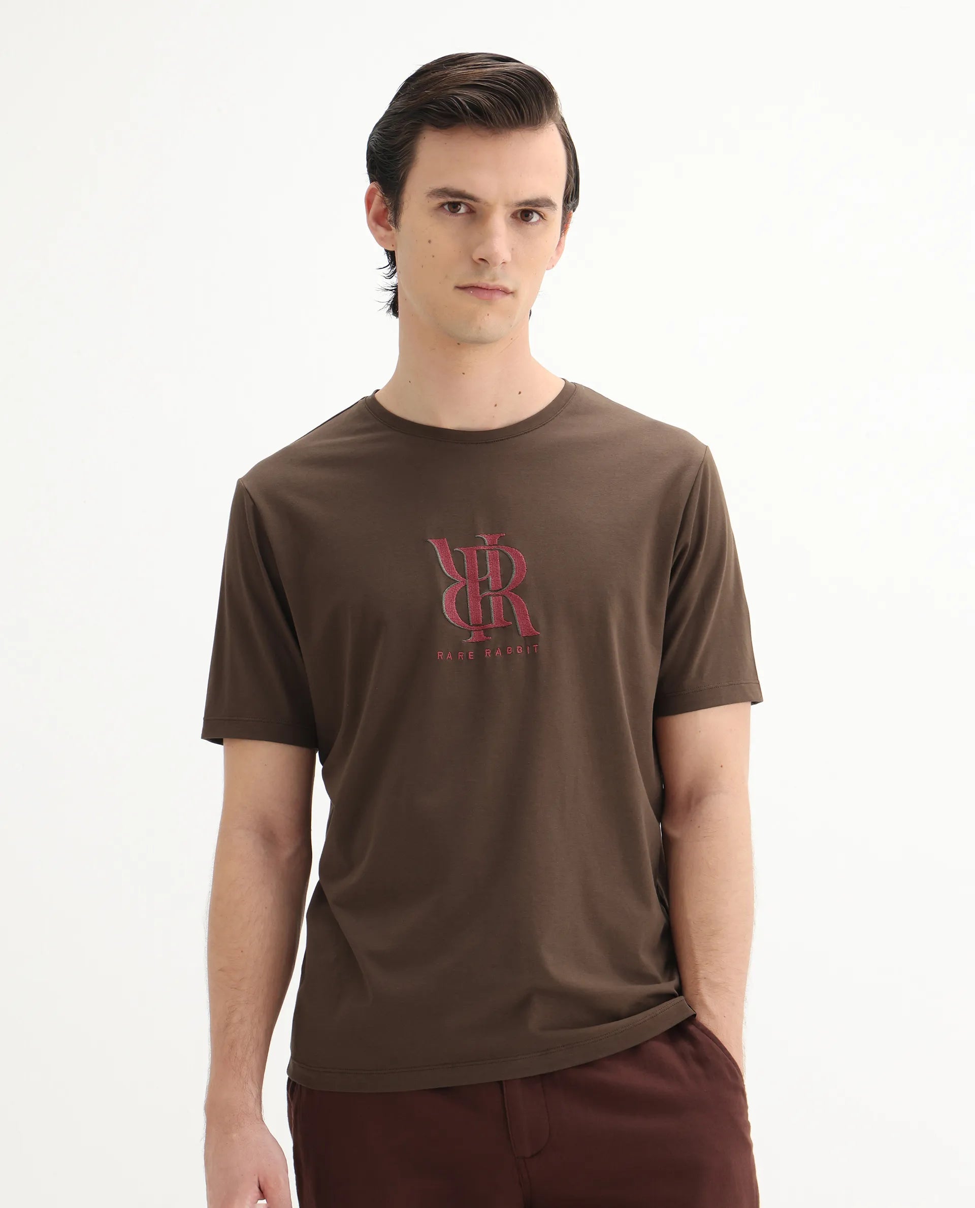 Rare Rabbit Men's Rosco Brown Cotton Blend Graphic Print Regular Fit Half Sleeve Crew Neck T-Shirt