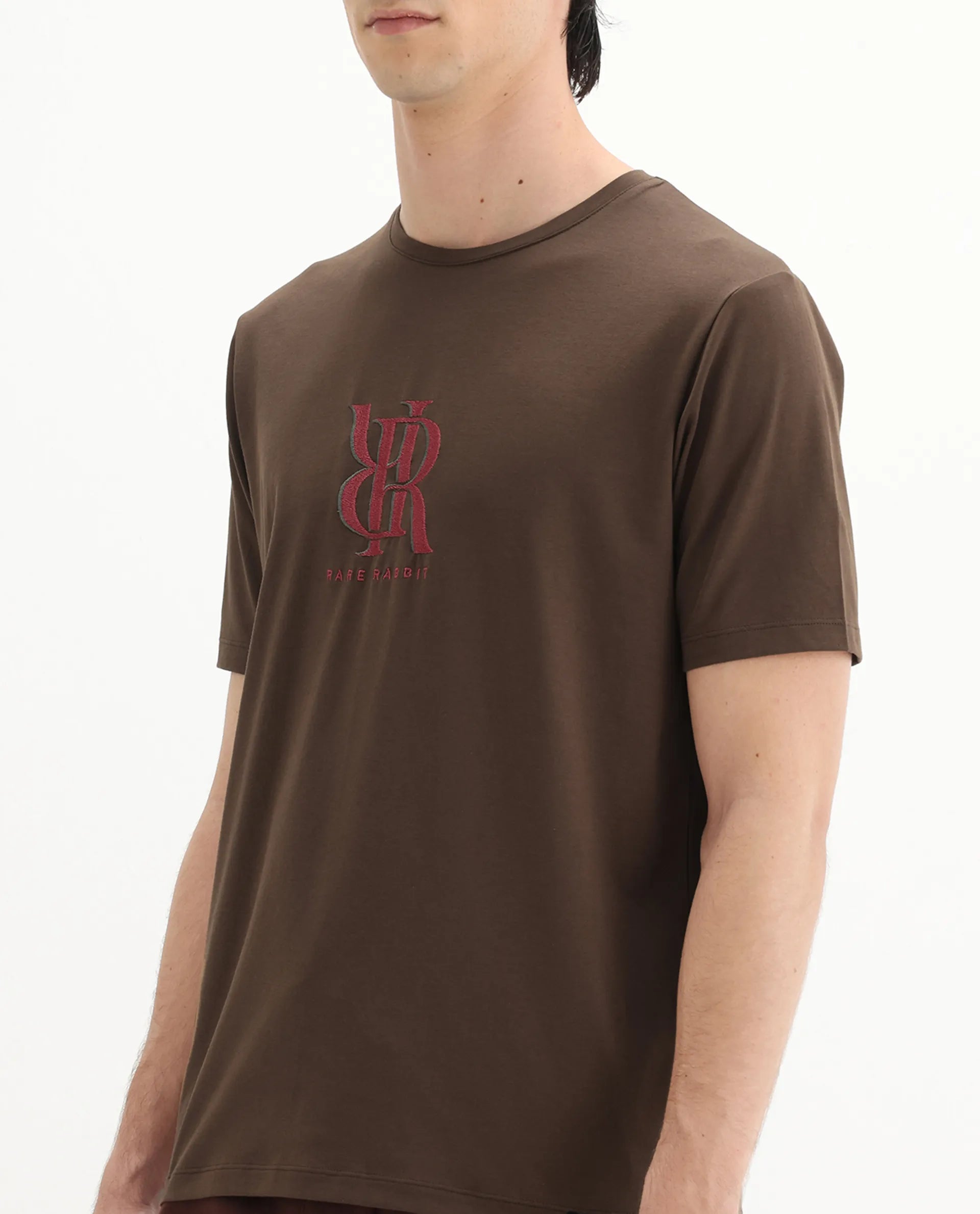 Rare Rabbit Men's Rosco Brown Cotton Blend Graphic Print Regular Fit Half Sleeve Crew Neck T-Shirt