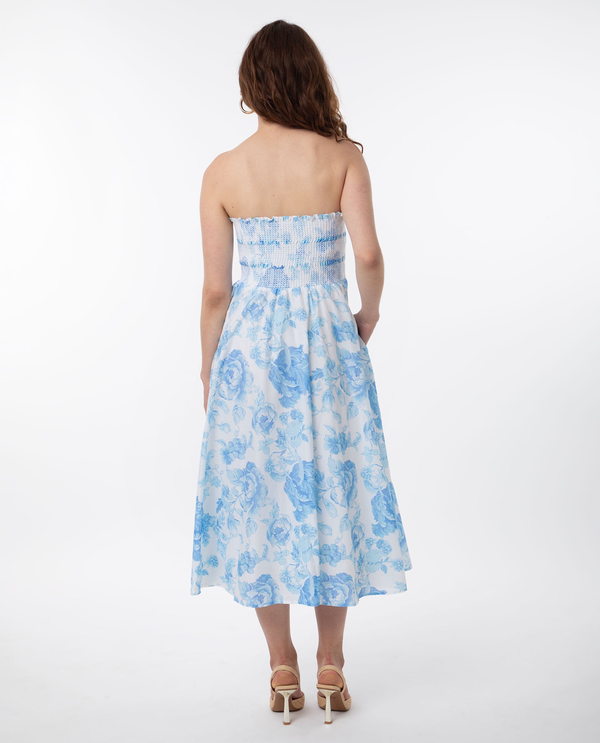 Rareism Women Rosen Light Blue Cotton Fabric Sleeveless Tube Neck Shoulder Straps Fit And Flare Floral Print Maxi Empire Dress