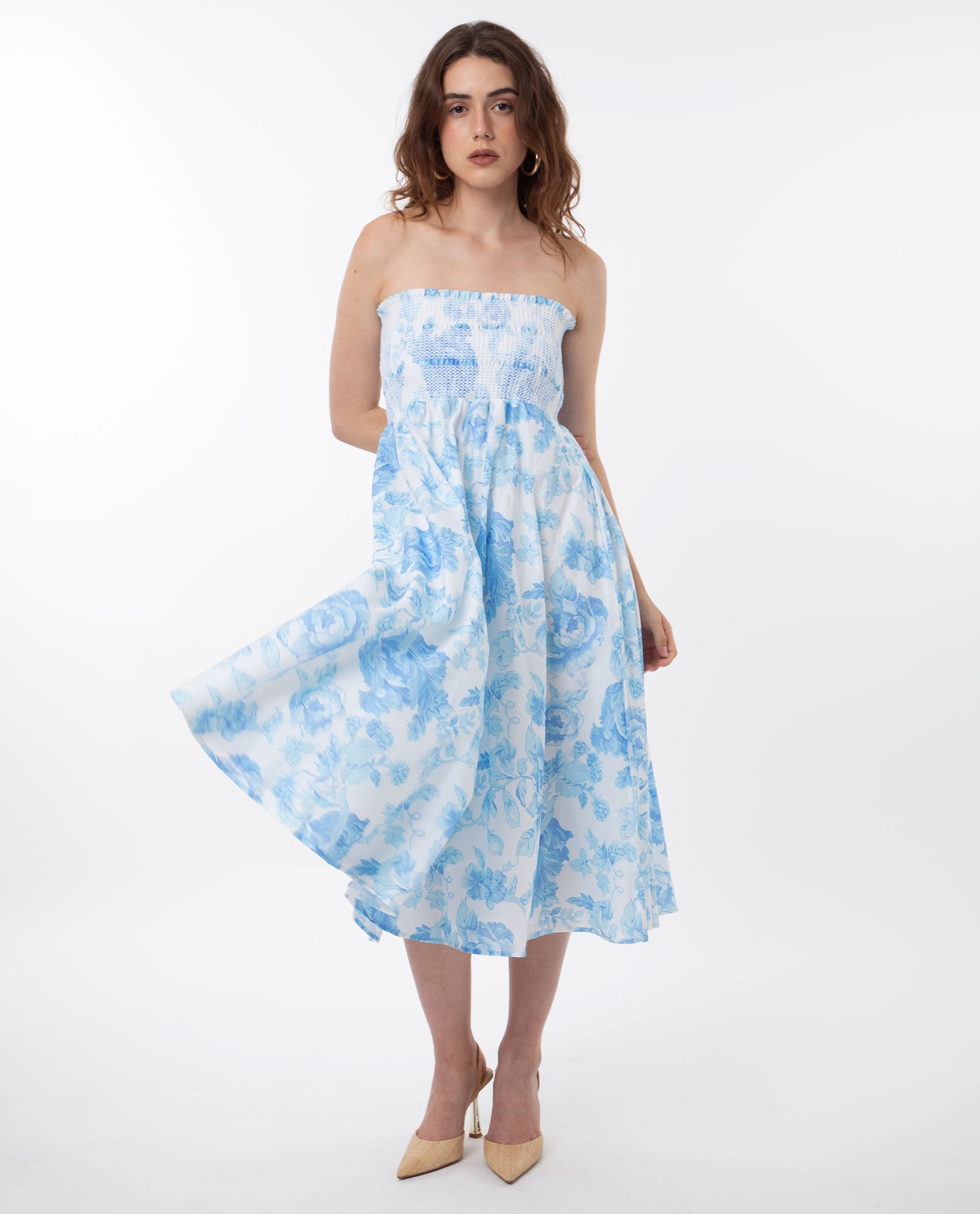Rareism Women Rosen Light Blue Cotton Fabric Sleeveless Tube Neck Shoulder Straps Fit And Flare Floral Print Maxi Empire Dress