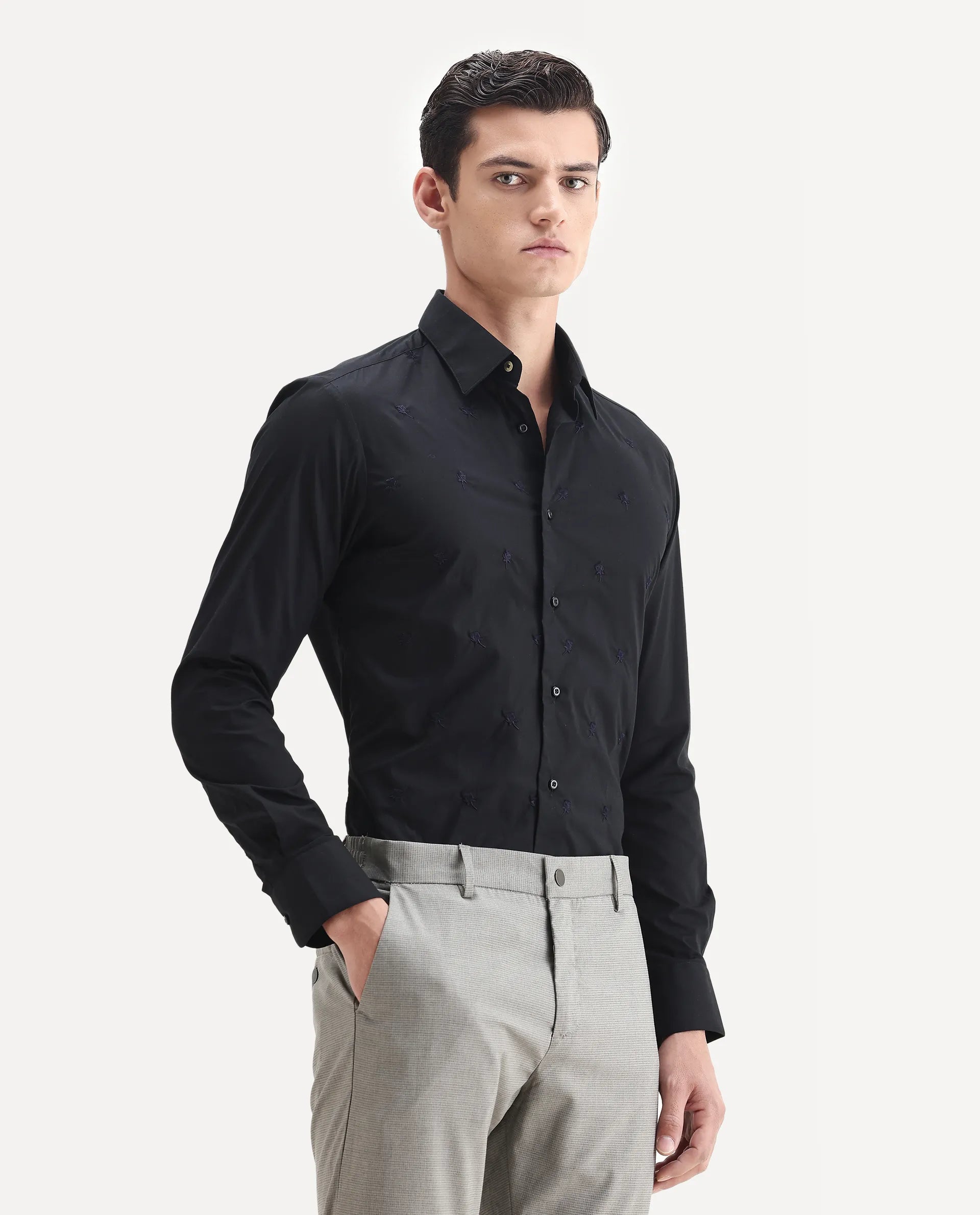 Rare Rabbit Men's Roser Black Cotton Embroidered Regular Fit Full Sleeve Collared Shirt